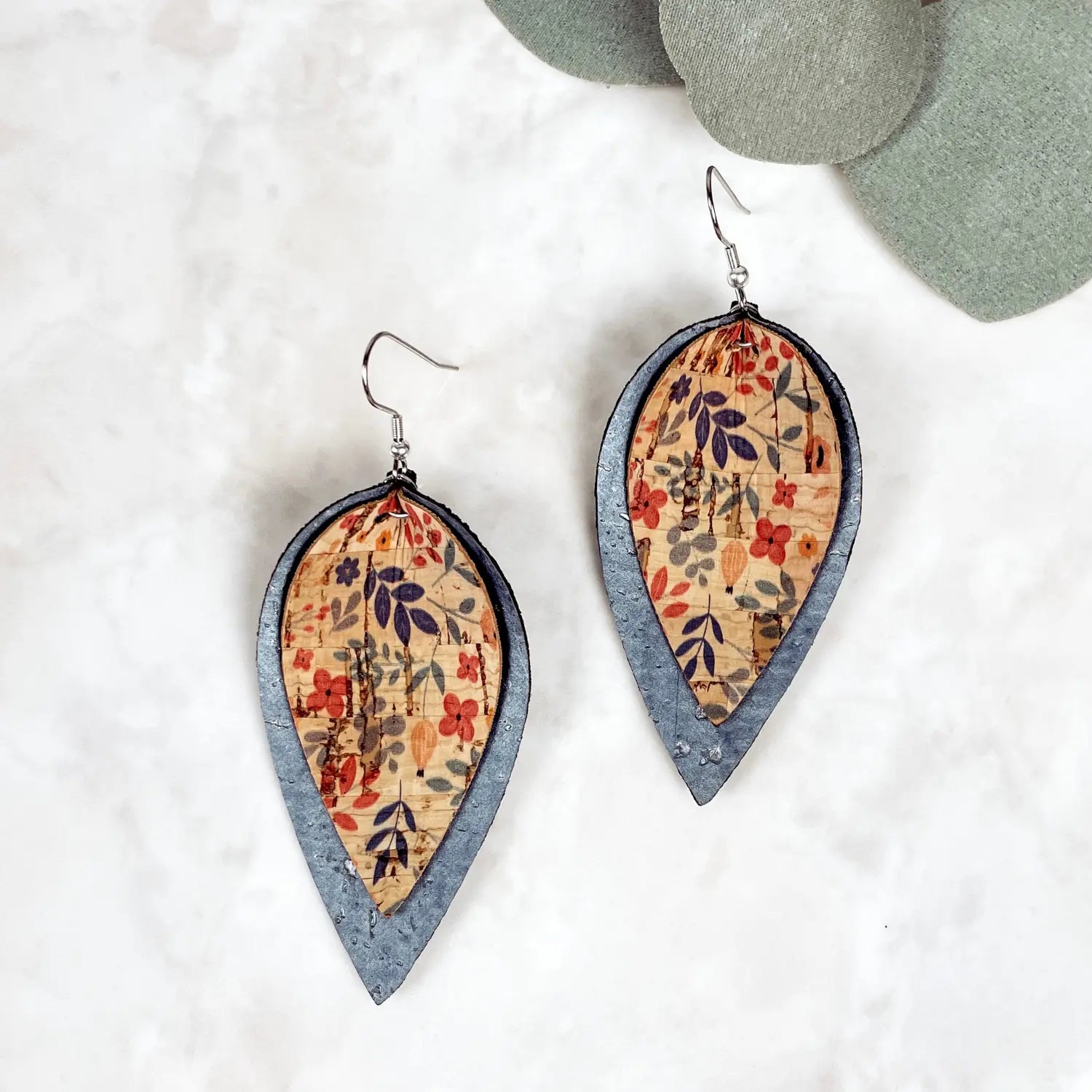 Lainey Petite Floral Cork Leaf Dangly Earrings-Pearl Gray Creek + Elm