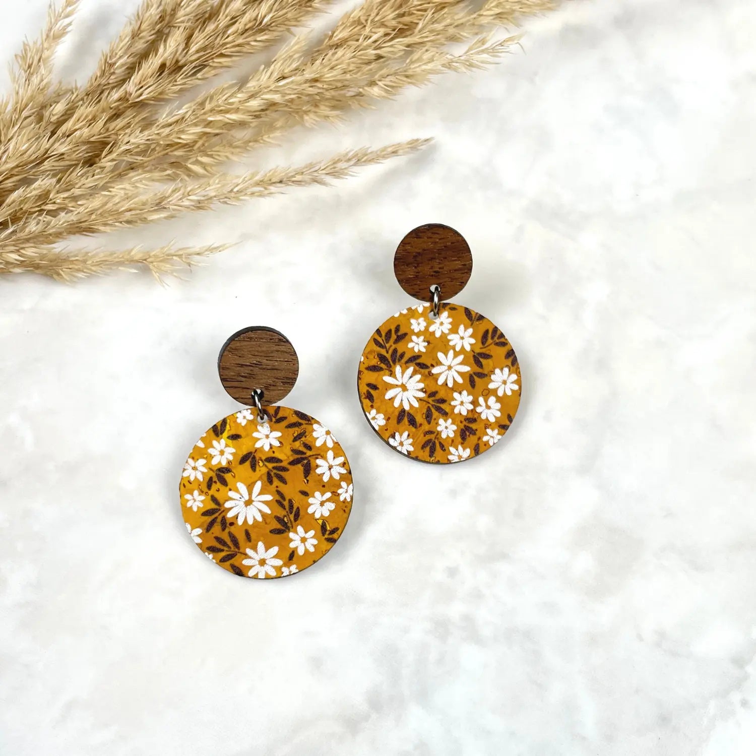 Liyra Cork and Walnut Wood Circle Earrings-Mustard Floral Creek + Elm