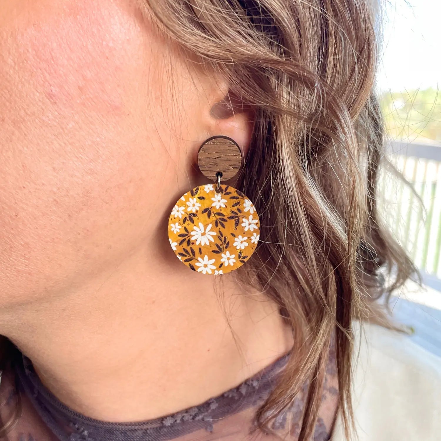 Liyra Cork and Walnut Wood Circle Earrings-Mustard Floral Creek + Elm
