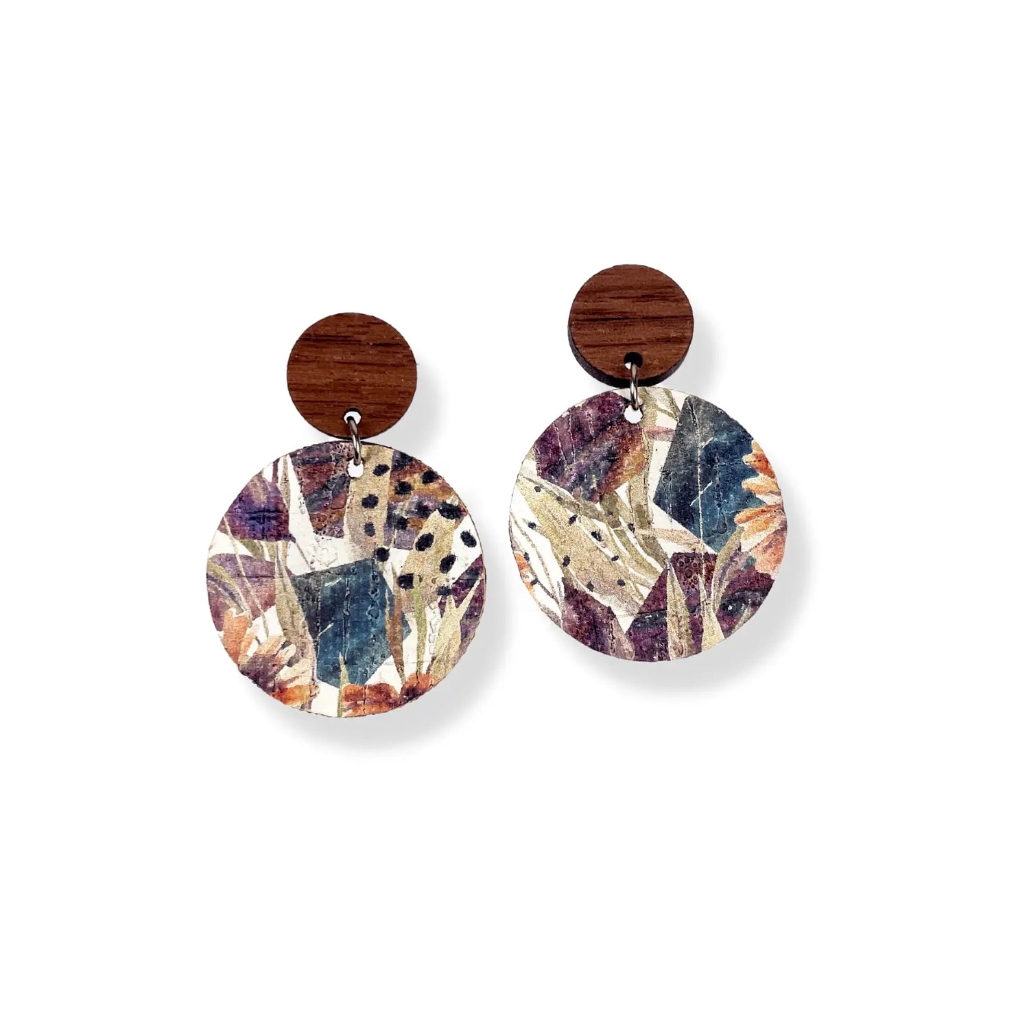 Liyra Cork and Walnut Wood Circle Earrings- Autumn Floral Creek + Elm