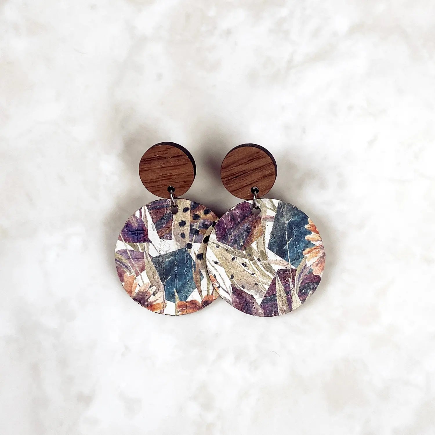 Liyra Cork and Walnut Wood Circle Earrings- Autumn Floral Creek + Elm