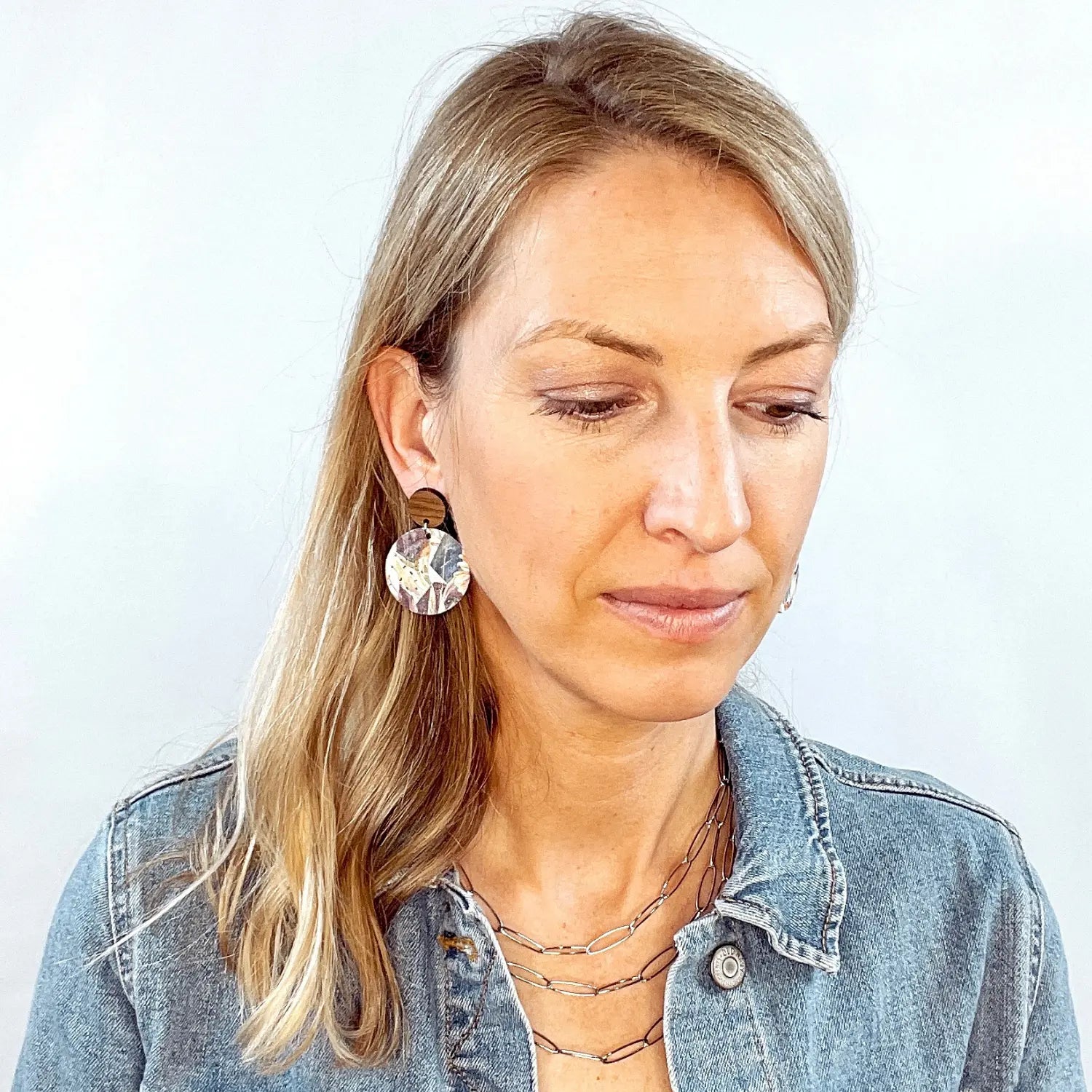 Liyra Cork and Walnut Wood Circle Earrings- Autumn Floral Creek + Elm
