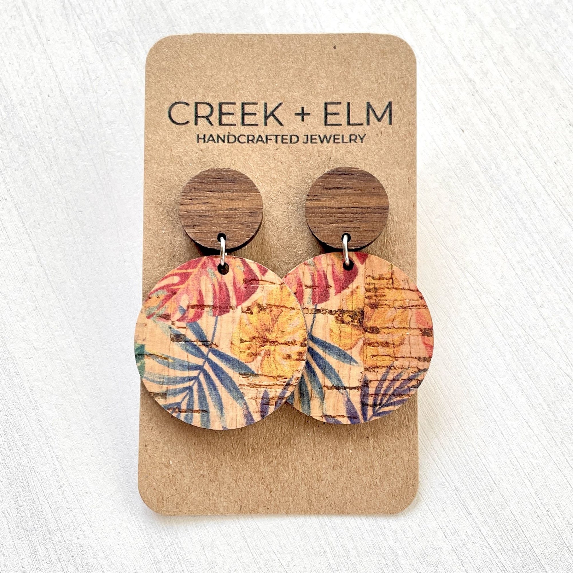 liyra cork and wood earrings in painted canopy