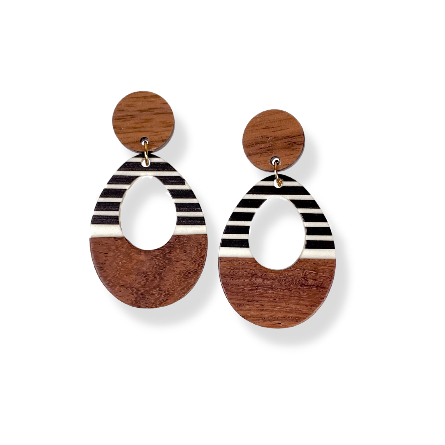 Luna Wood and Resin Dangly Earrings-Black &amp; White Striped