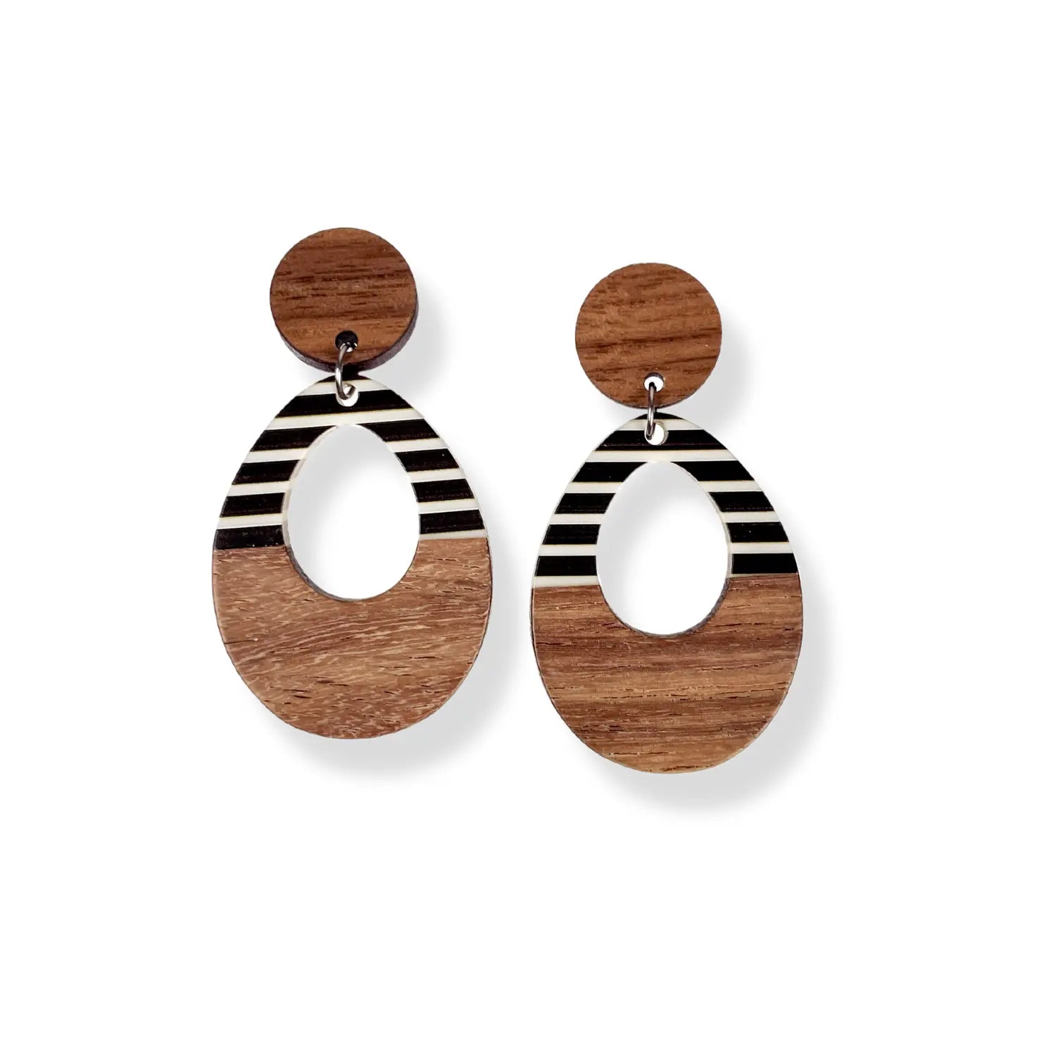 Luna Wood and Resin Dangly Earrings-Black & White Striped Creek + Elm
