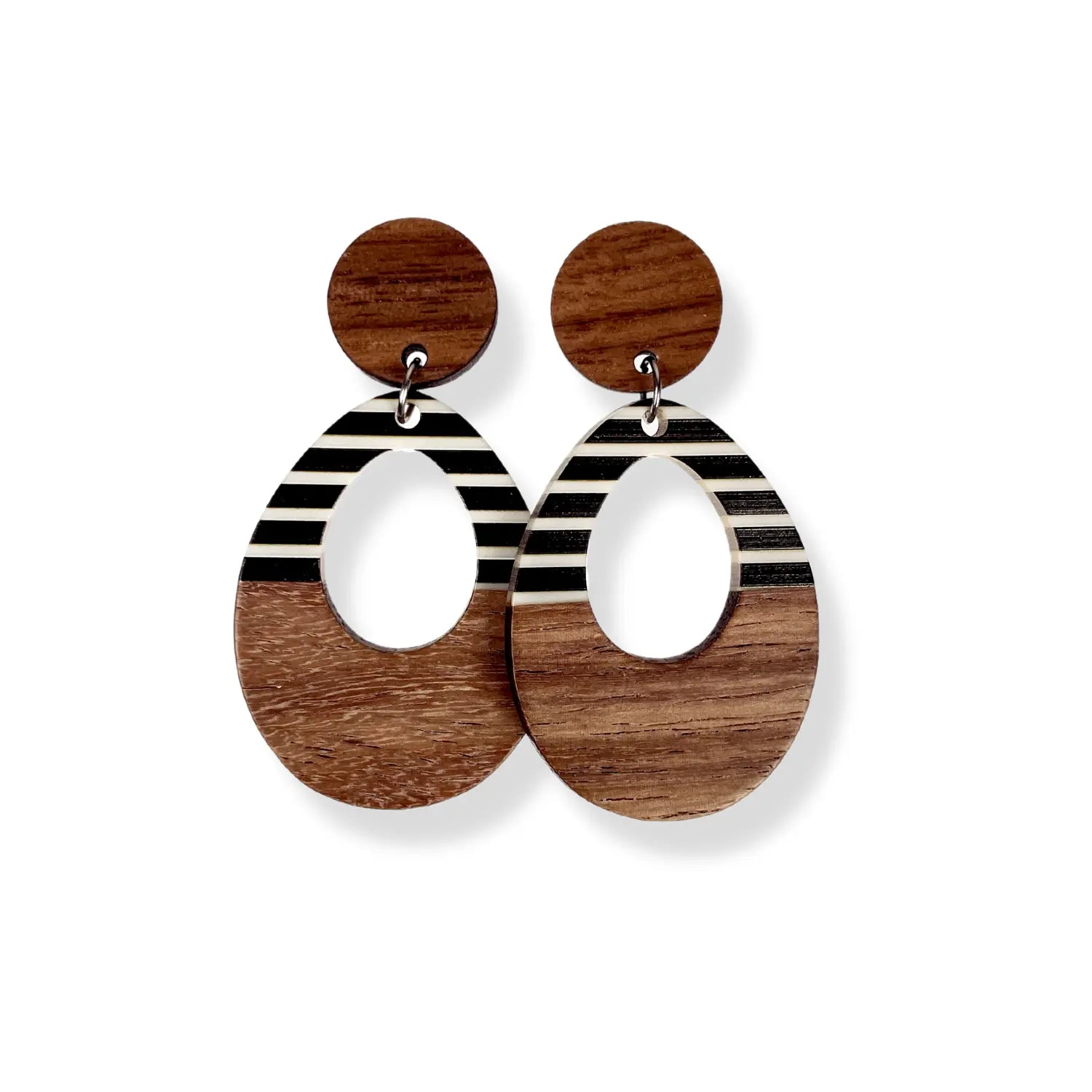 Luna Wood and Resin Dangly Earrings-Black & White Striped Creek + Elm
