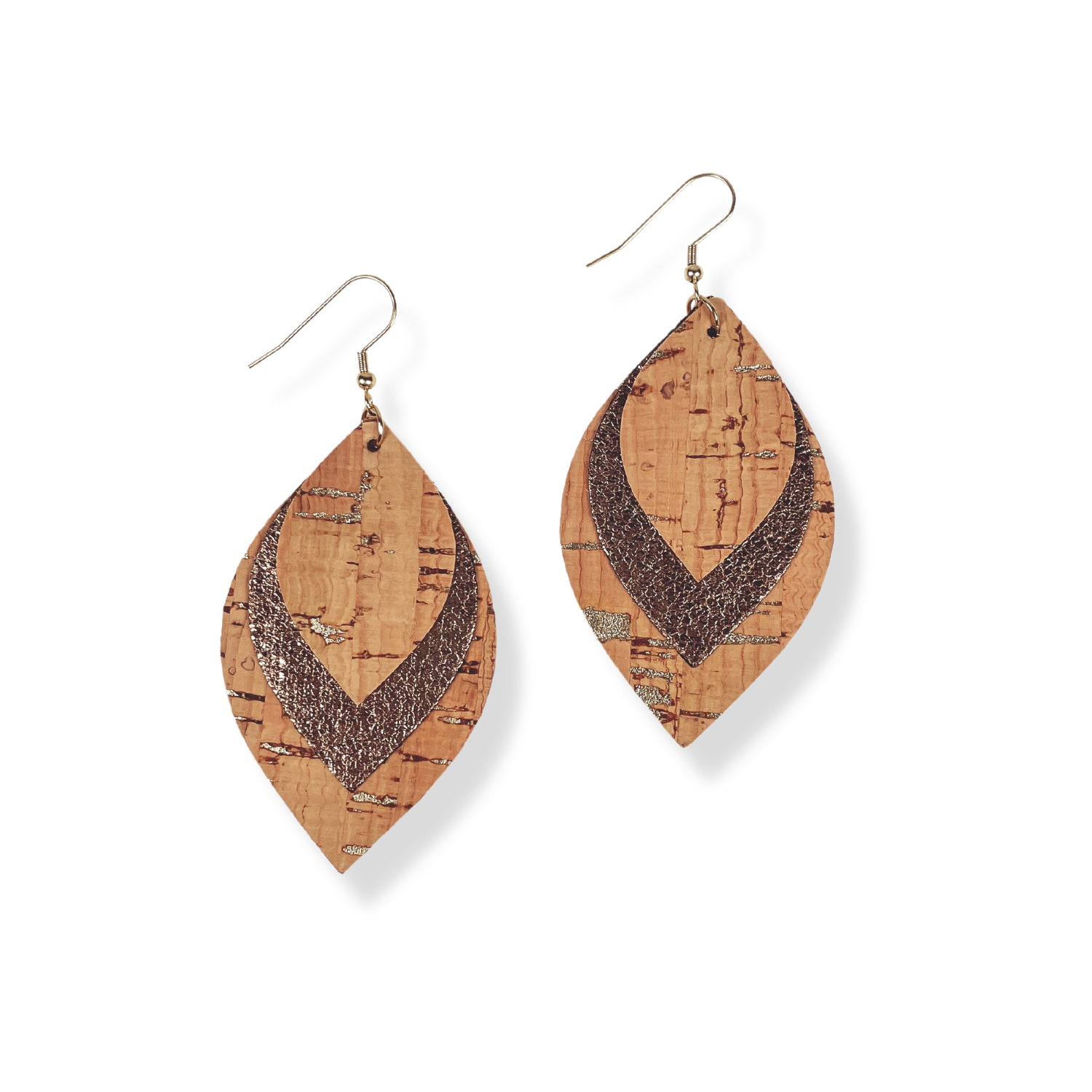 Macy Cork and Faux Leather Dangly Leaf Earrings-Natural Gold Fleck