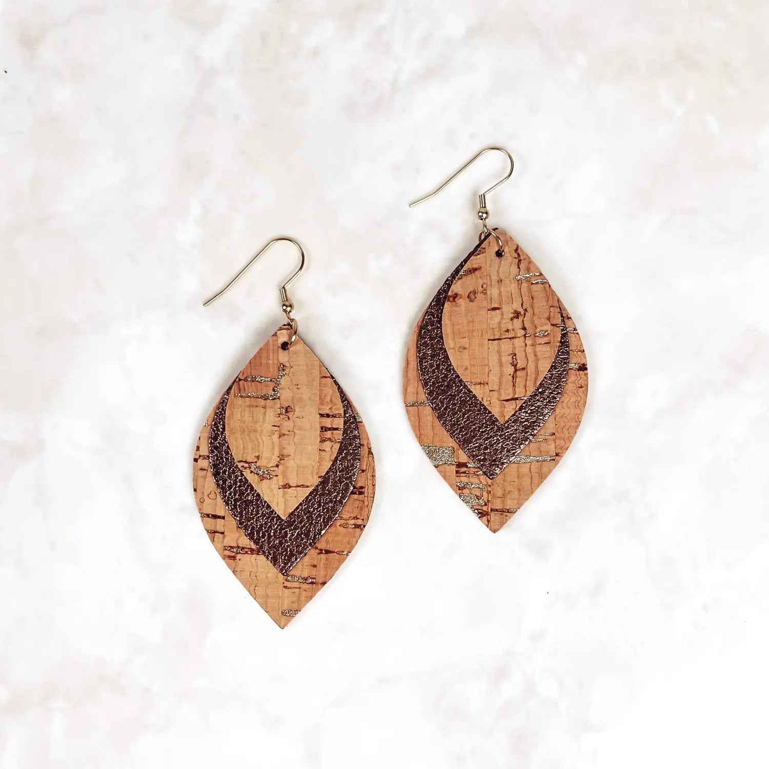 Macy Cork and Faux Leather Dangly Leaf Earrings-Natural Gold Fleck Creek + Elm