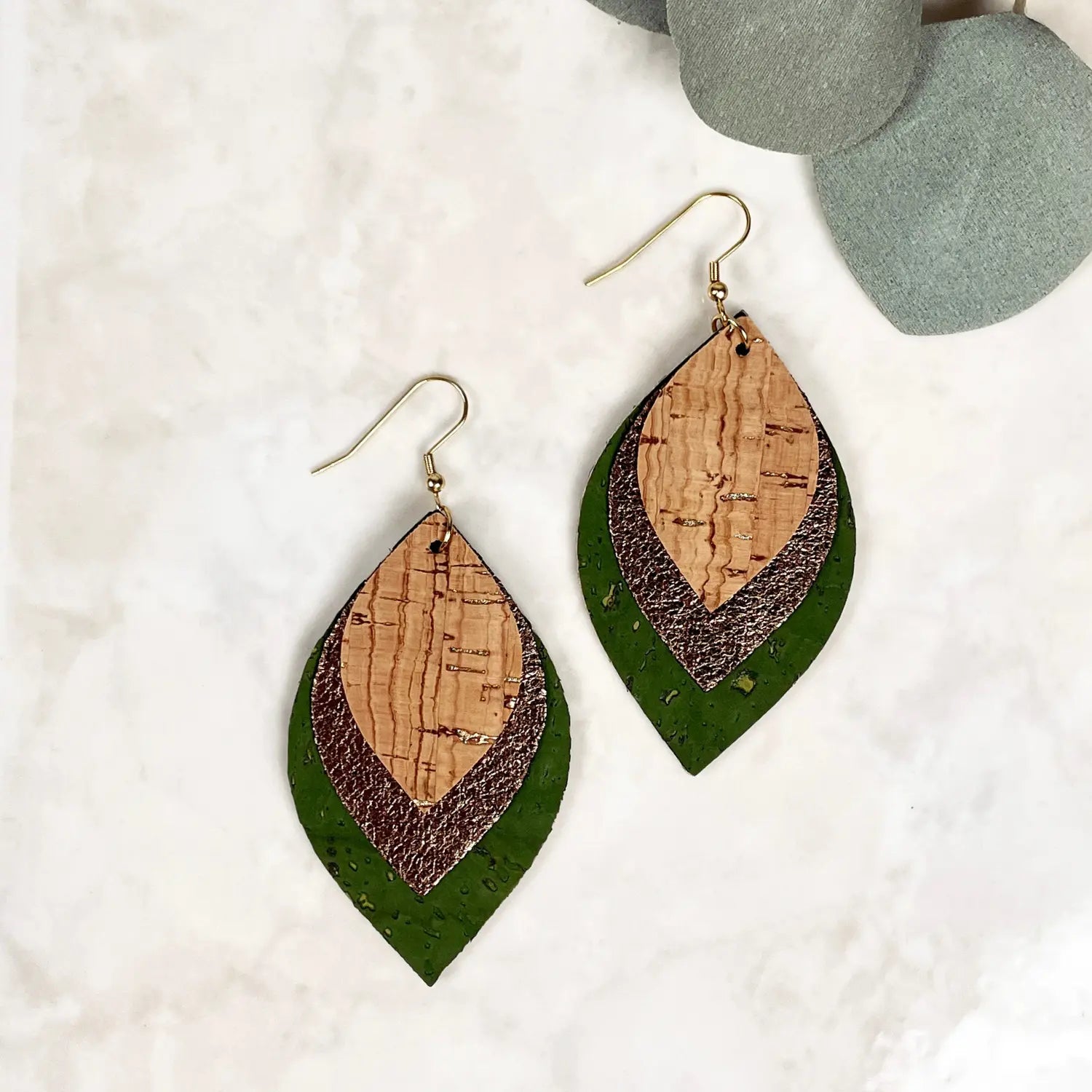Macy Cork and Faux Leather Dangly Leaf Earrings-Kelly Green Creek + Elm