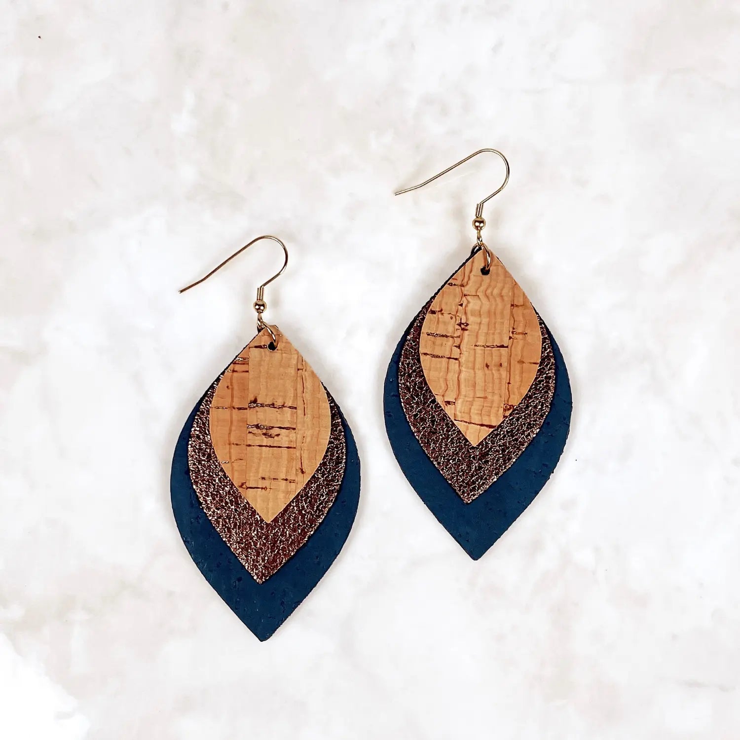 Macy Cork and Faux Leather Dangly Leaf Earrings-Teal Creek + Elm