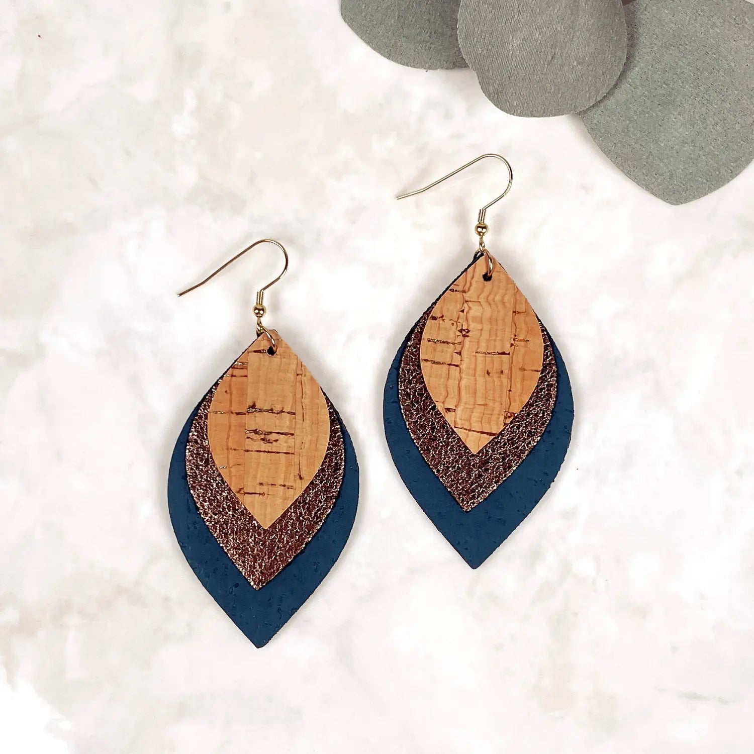 Macy Cork and Faux Leather Dangly Leaf Earrings-Teal Creek + Elm
