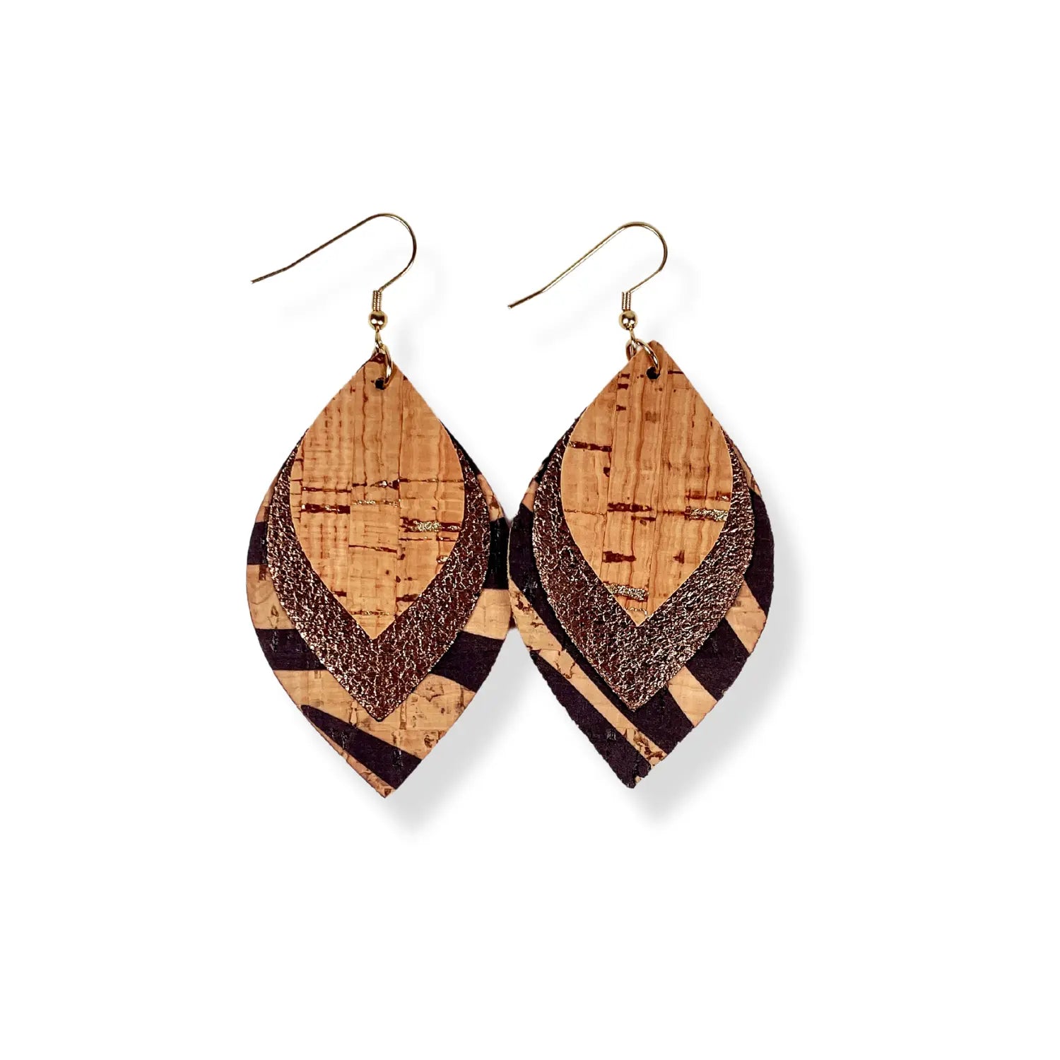 Macy Cork and Faux Leather Dangly Leaf Earrings-Zebra Creek + Elm