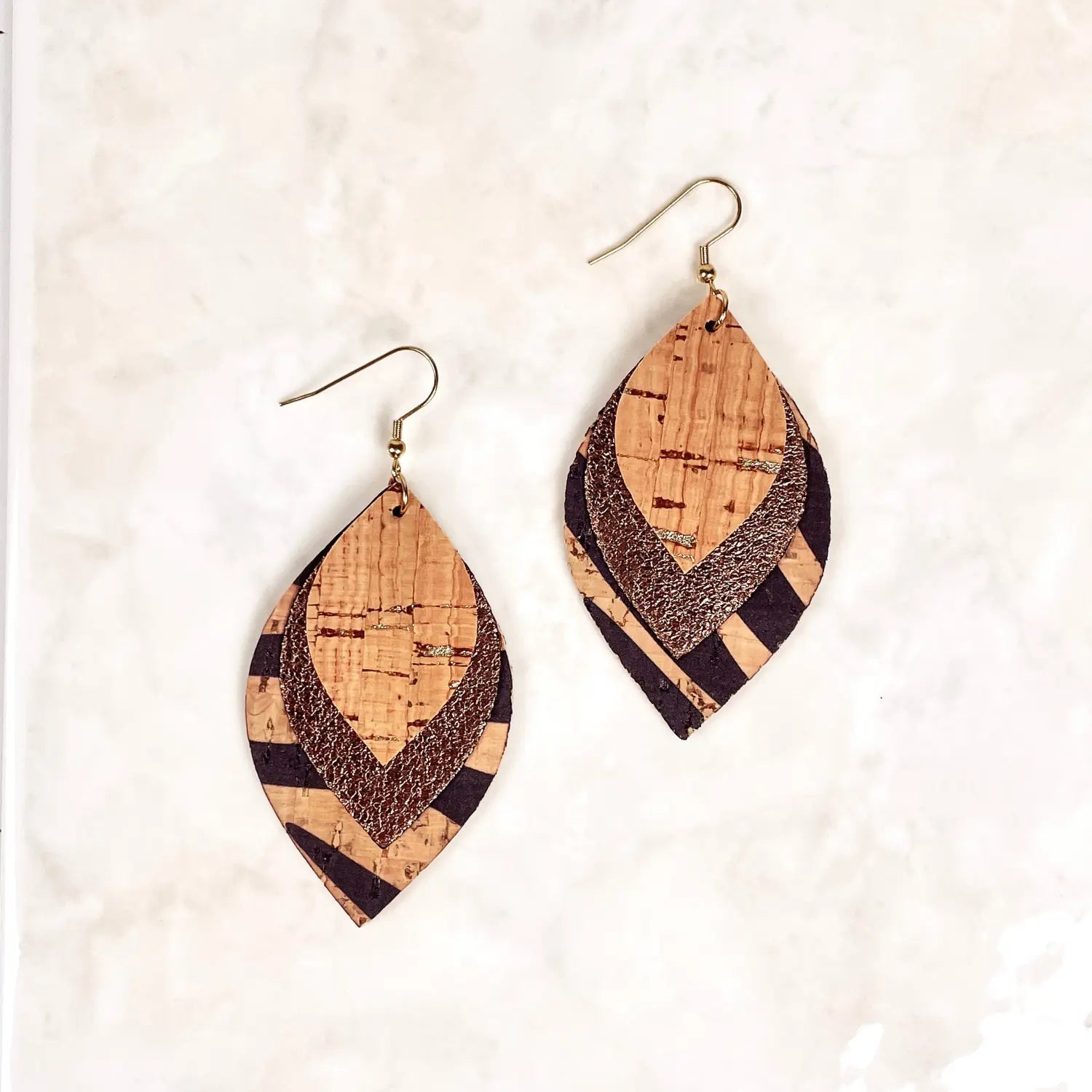 Macy Cork and Faux Leather Dangly Leaf Earrings-Zebra Creek + Elm