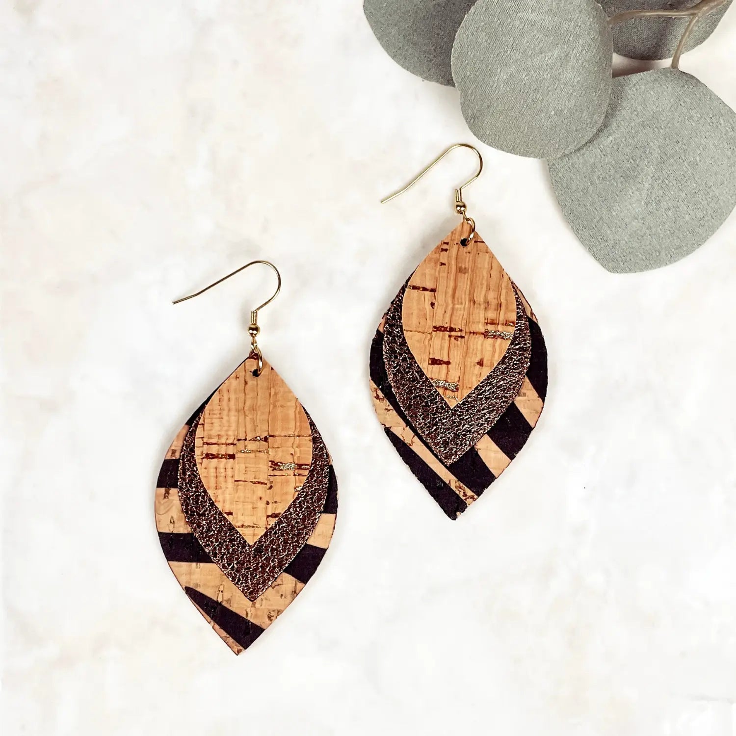 Macy Cork and Faux Leather Dangly Leaf Earrings-Zebra Creek + Elm