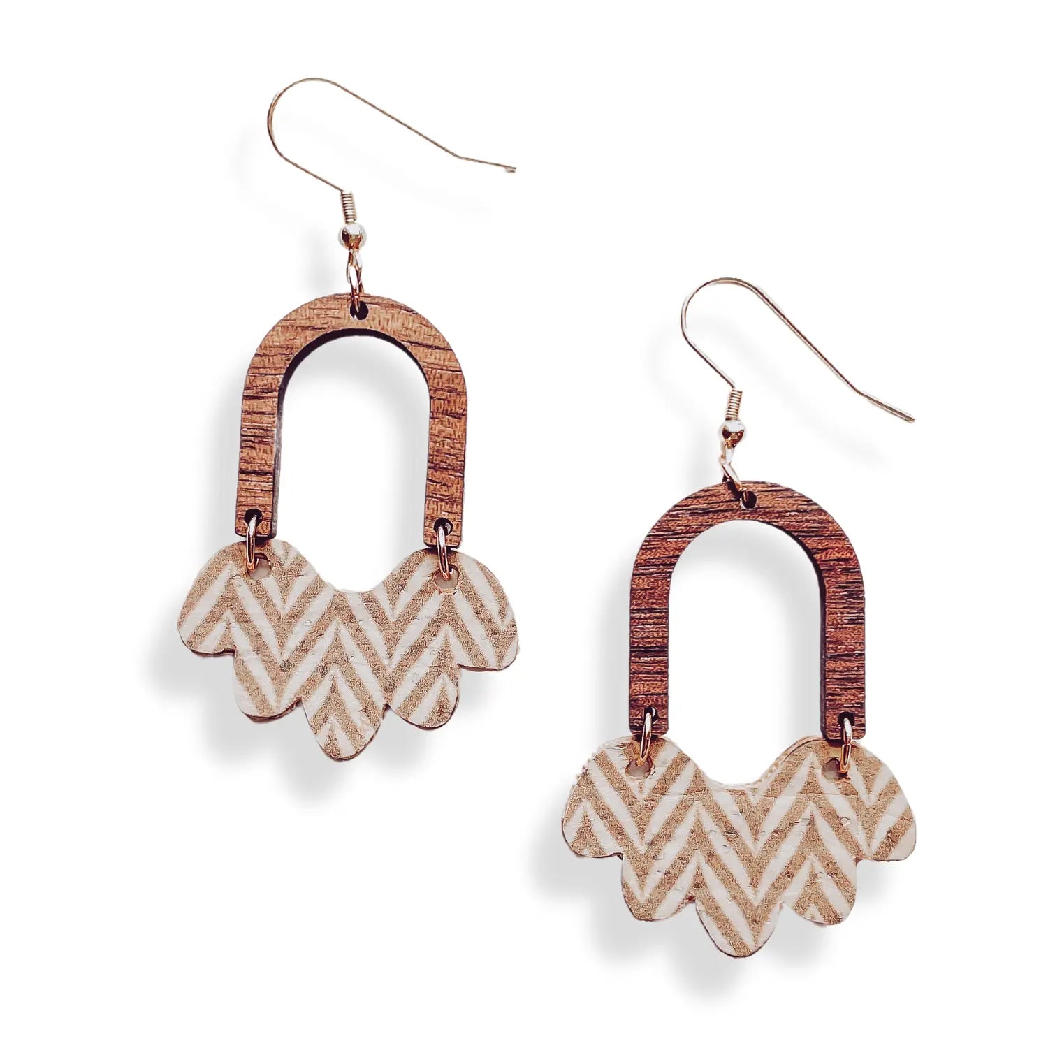 Paige Scalloped Cork and Walnut Wood Arch Dangly Earrings-Chevron Creek + Elm