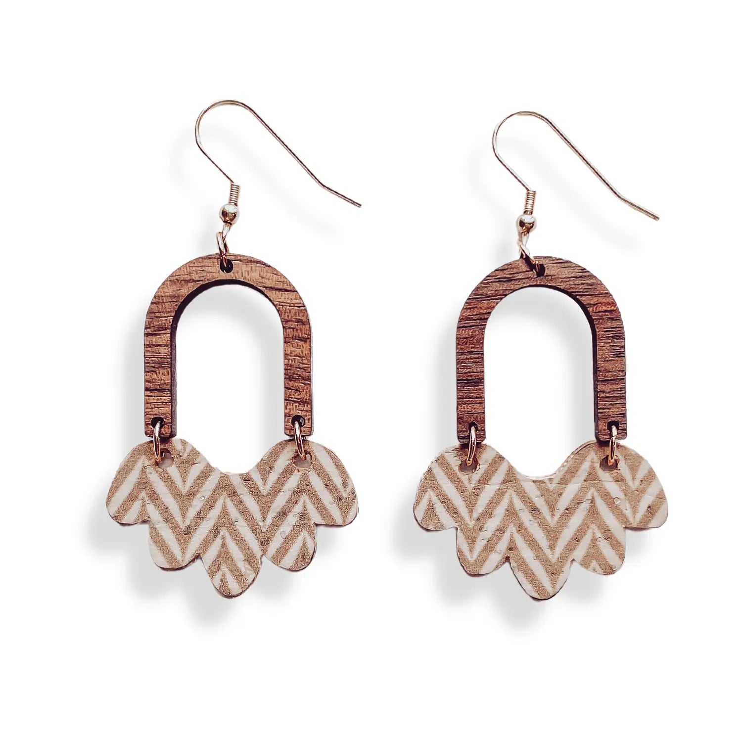 Paige Scalloped Cork and Walnut Wood Arch Dangly Earrings-Chevron Creek + Elm