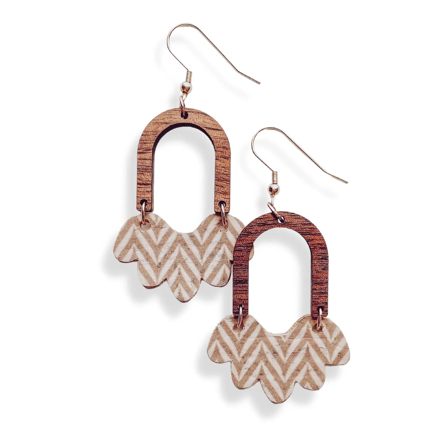 Paige Scalloped Cork and Walnut Wood Arch Dangly Earrings-Chevron Creek + Elm