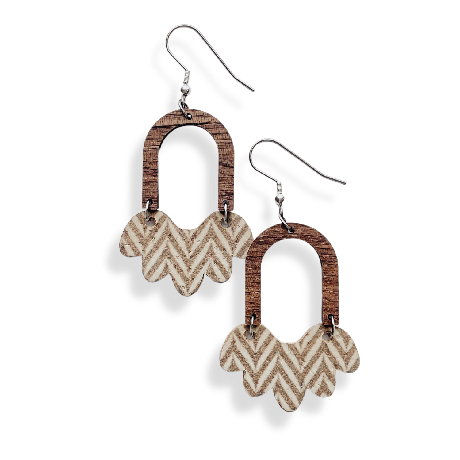 Paige Scalloped Cork and Walnut Wood Arch Dangly Earrings-Chevron