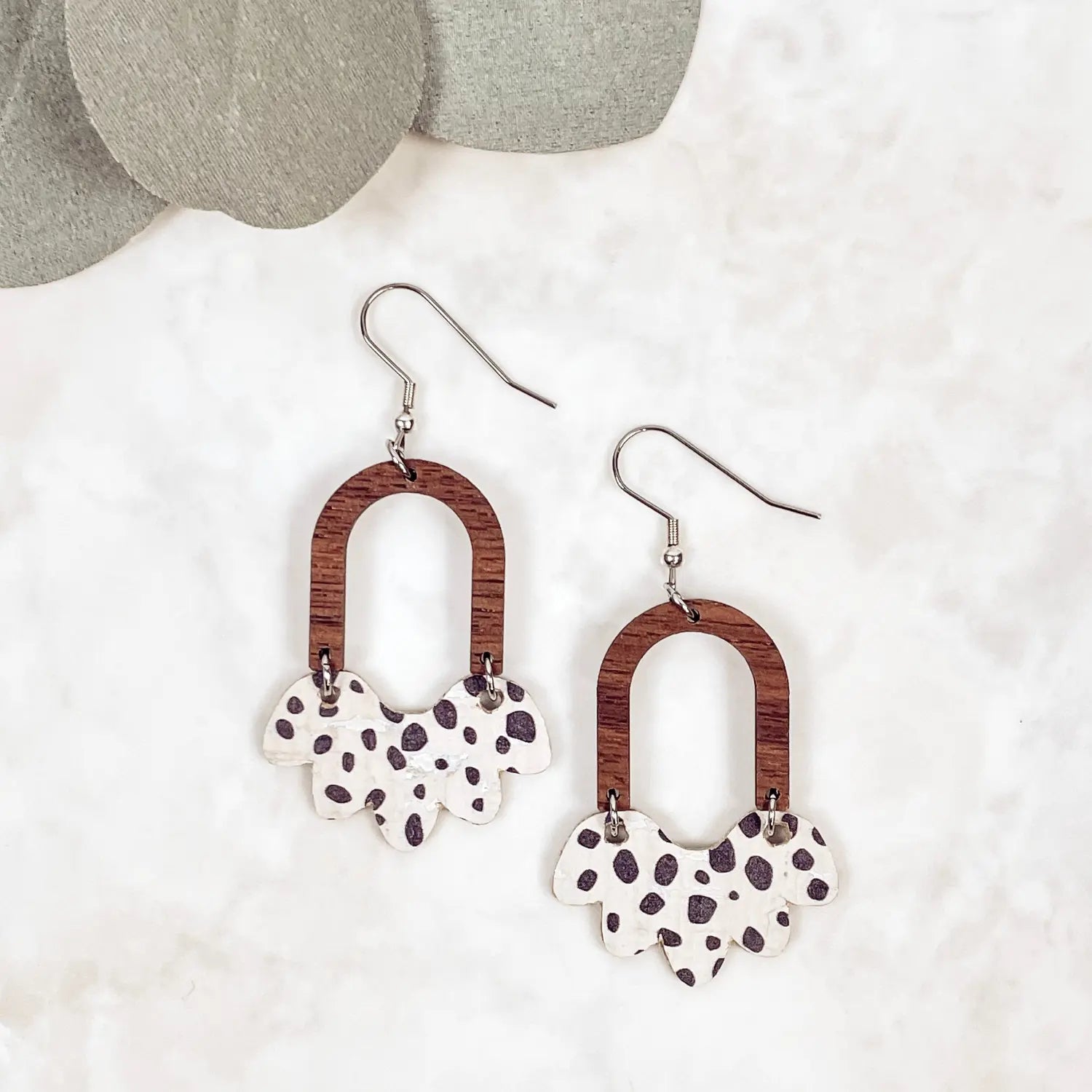 Paige Scalloped Cork and Walnut Wood Arch Dangly Earrings-Spotted Creek + Elm