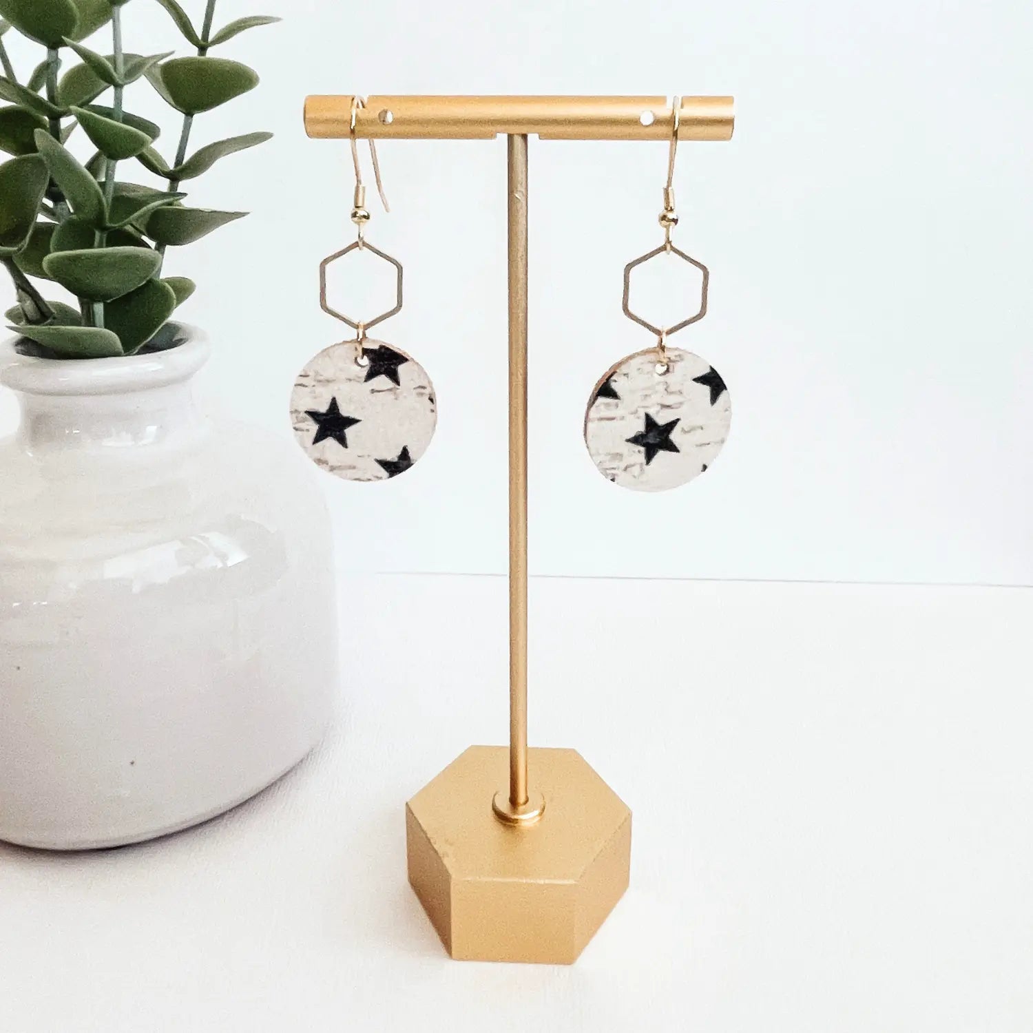 Elizabeth Patriotic Collection Silver or Gold Hexagon and Cork Earrings- Blue Stars Creek + Elm