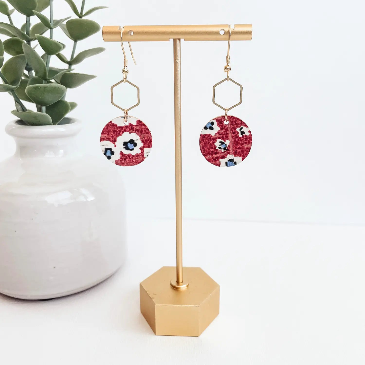 Elizabeth Patriotic Collection Silver or Gold Hexagon and Cork Earrings- Fireworks Creek + Elm