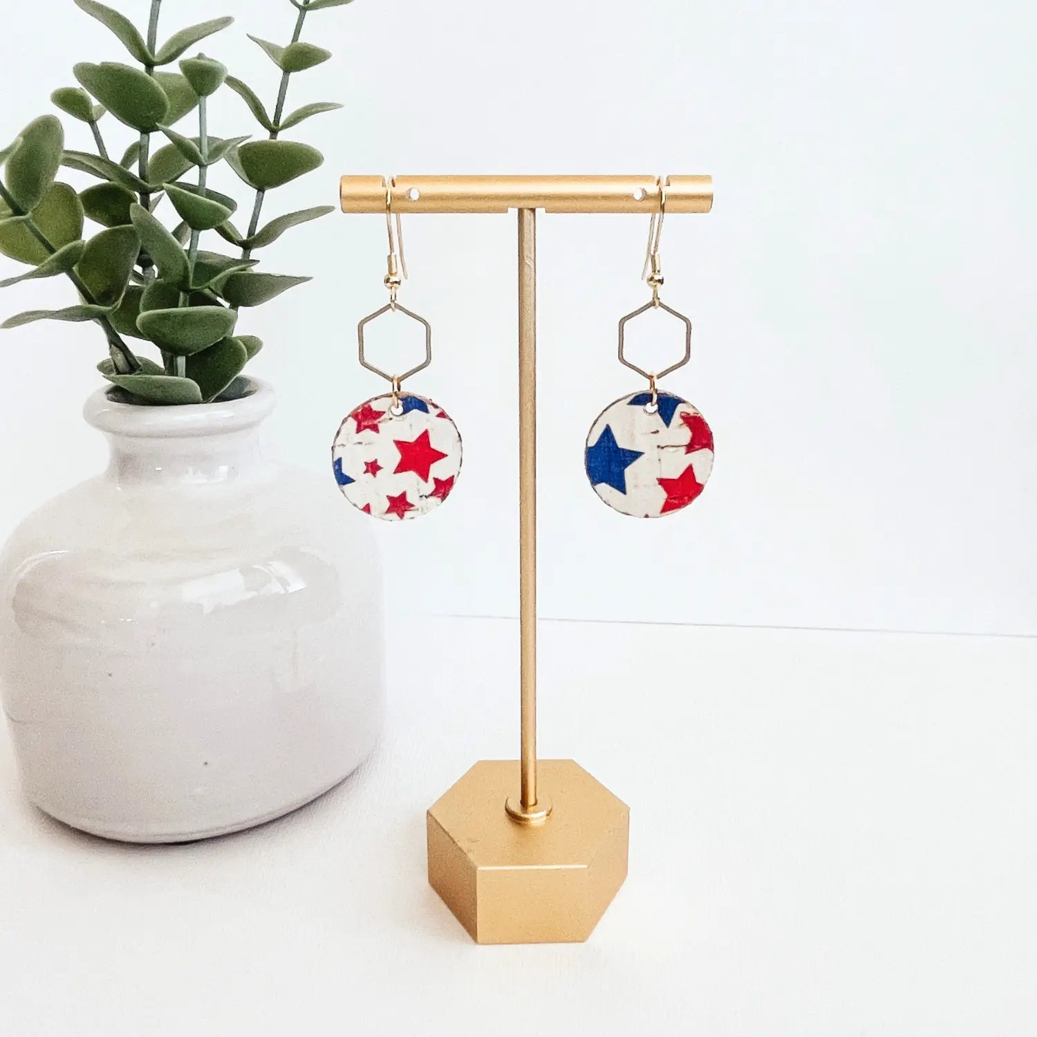 Elizabeth Patriotic Collection Silver or Gold Hexagon and Cork Earrings- Red and Blue Stars Creek + Elm