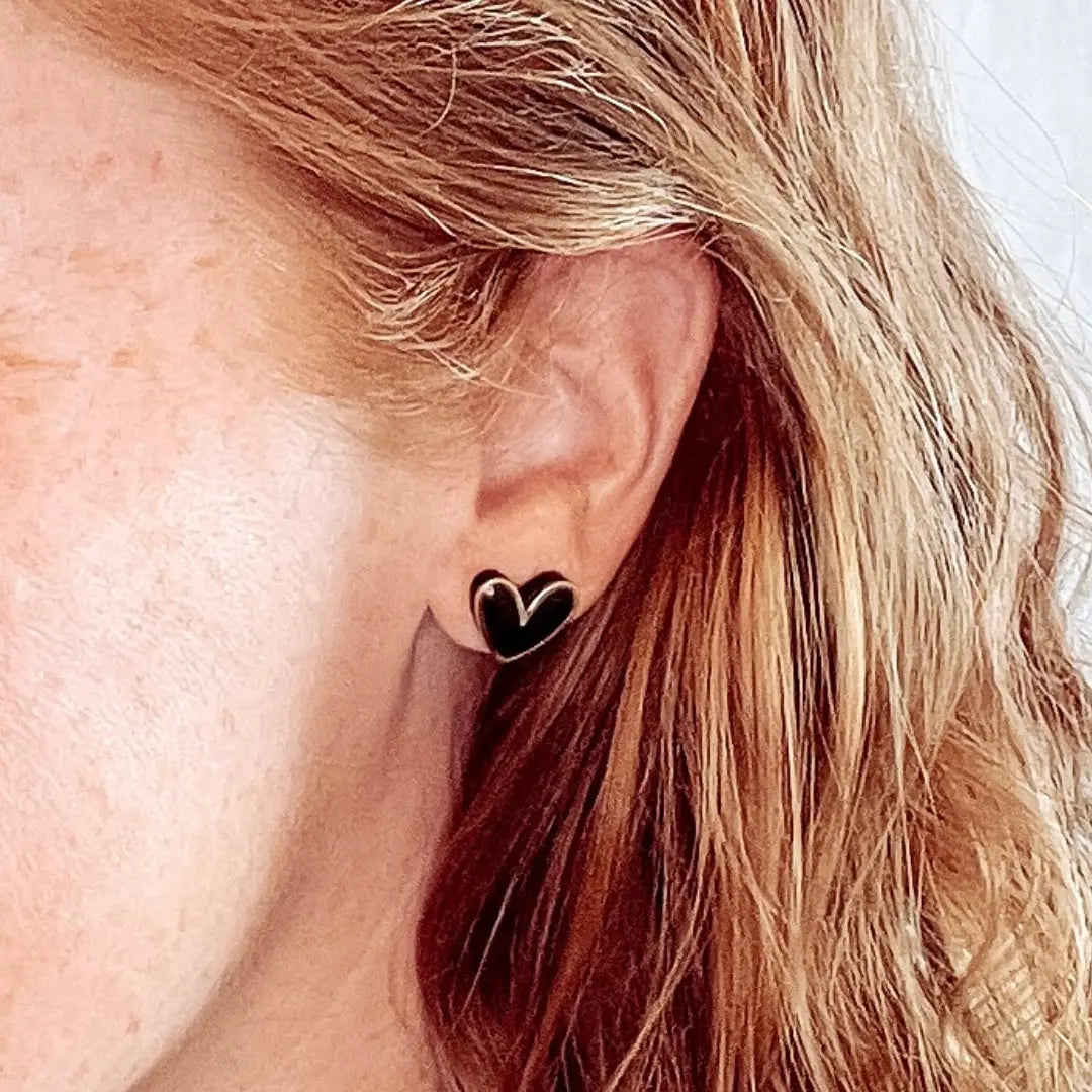 Polymer Clay Heart Stud Earrings with Gold Accent- Elegant Black Creek + Elm