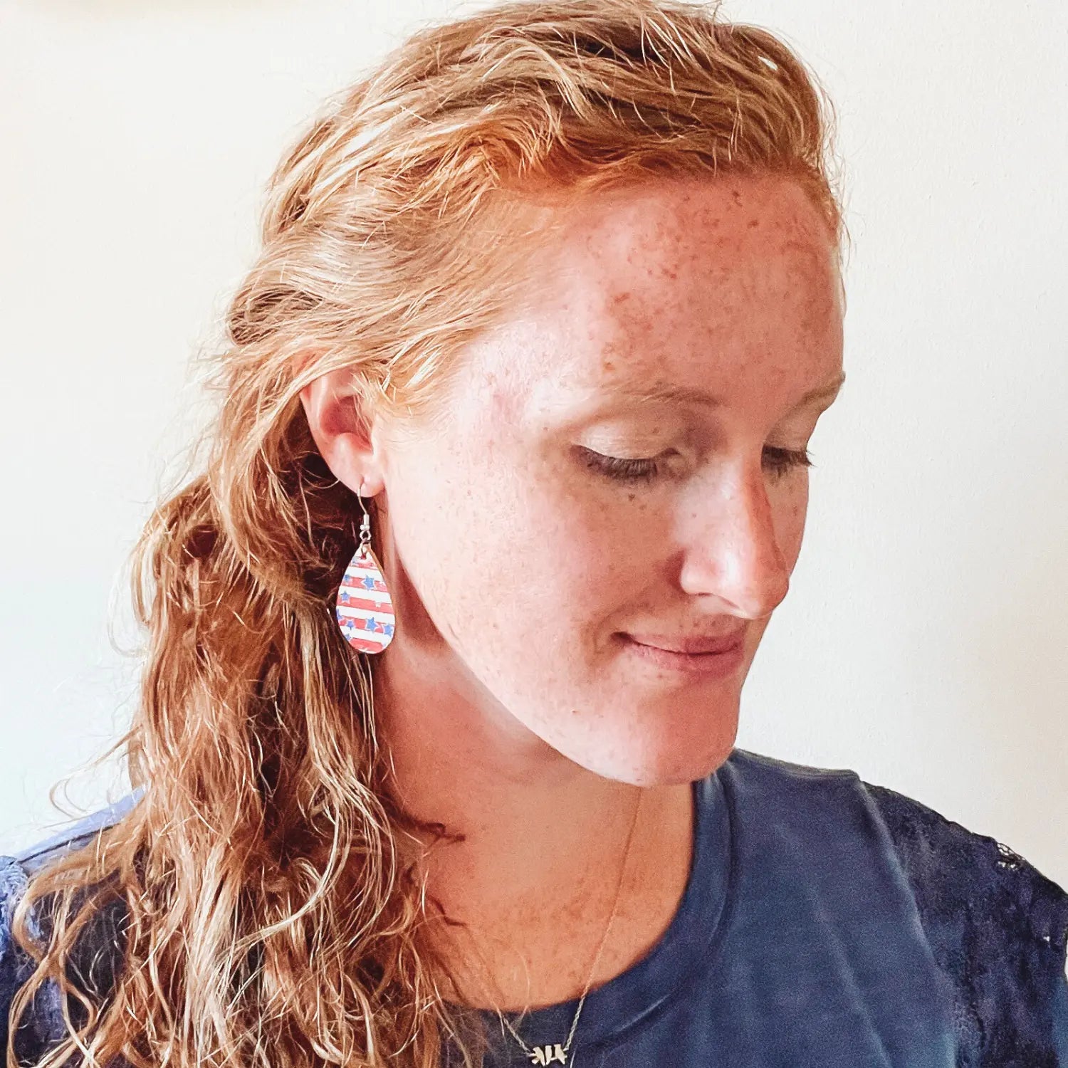 Patriotic Teardrop Cork Earrings- Red & Blue Stars Creek + Elm