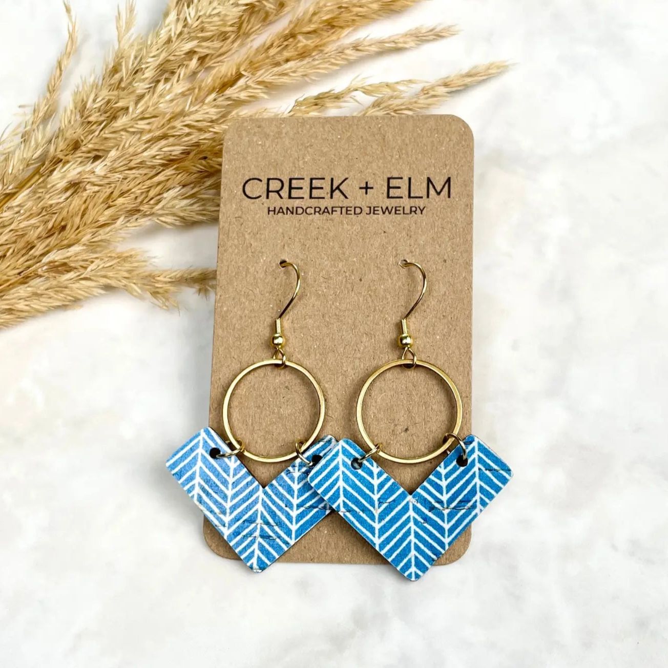Wren Cork and Gold Accent Dangly Earrings-Blue Chevron Creek + Elm