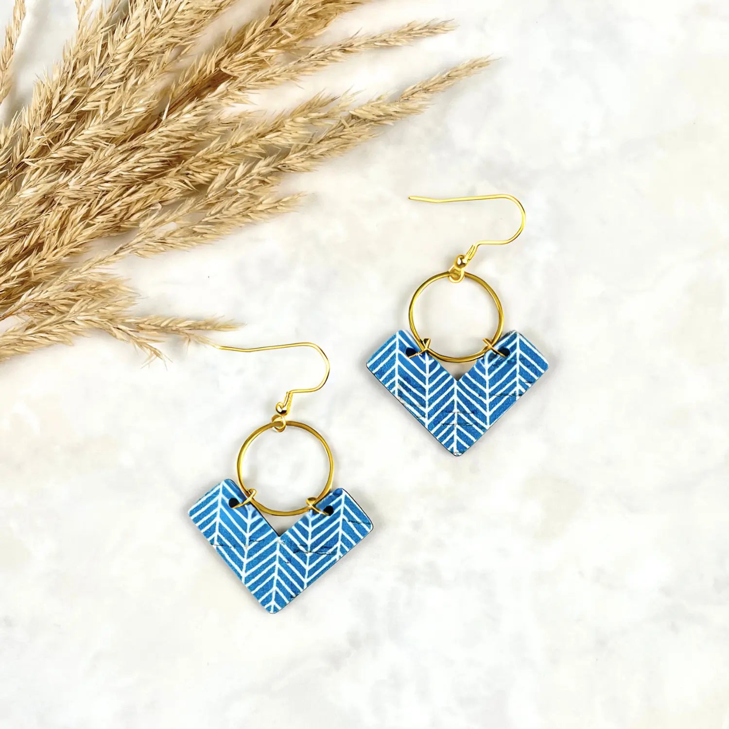 Wren Cork and Gold Accent Dangly Earrings-Blue Chevron Creek + Elm