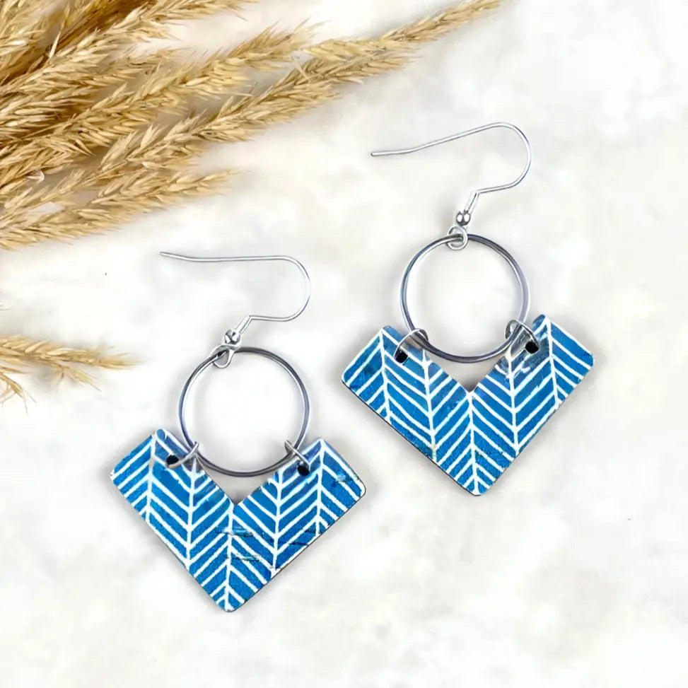 Wren Cork and Gold Accent Dangly Earrings-Blue Chevron Creek + Elm