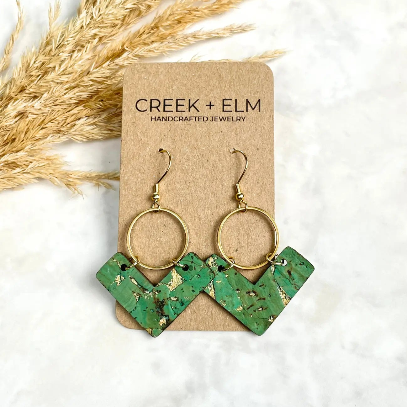 Wren Cork and Gold Accent Dangly Earrings-Gold Fleck Green Creek + Elm