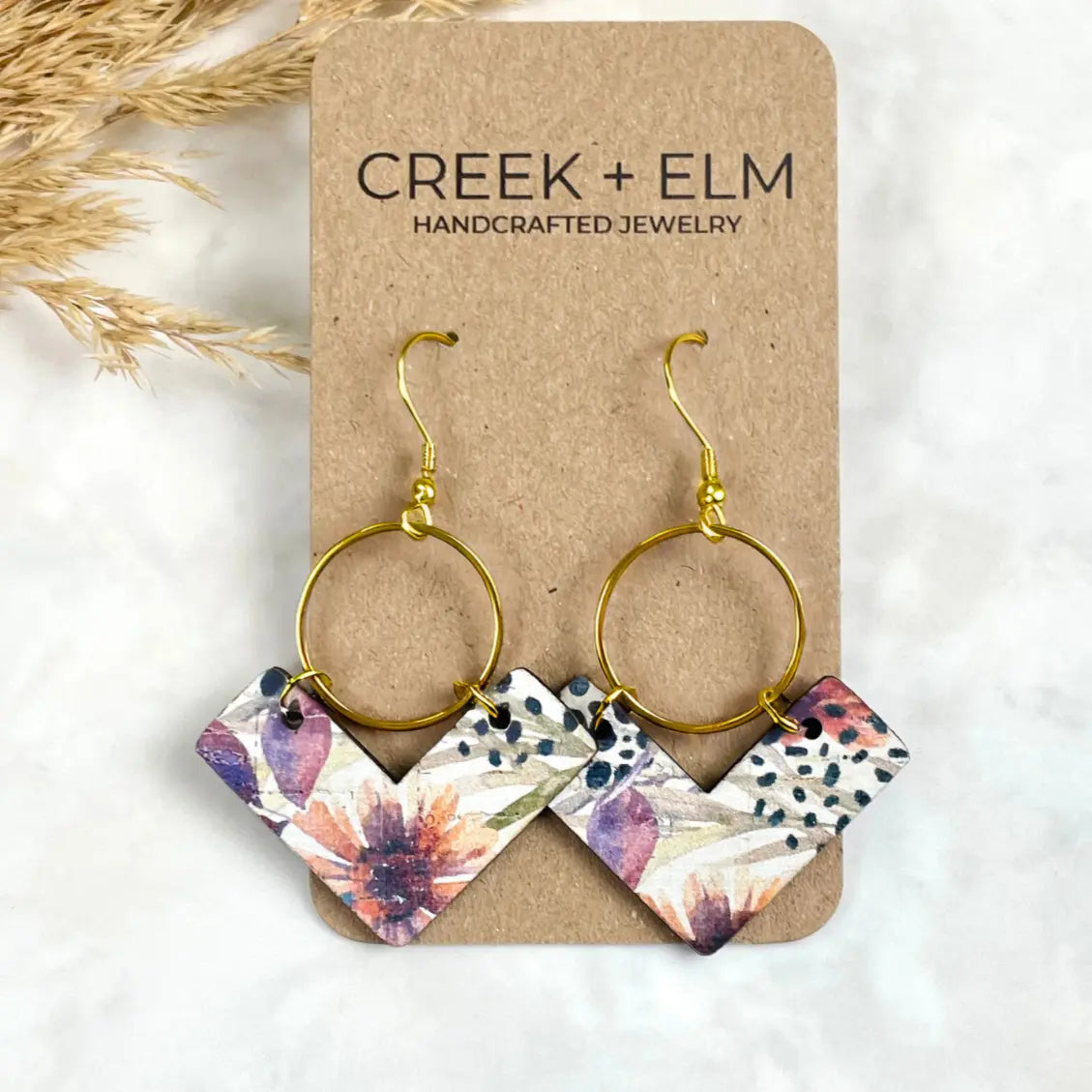 Wren Cork and Gold Accent Dangly Earrings-Autumn Floral Creek + Elm