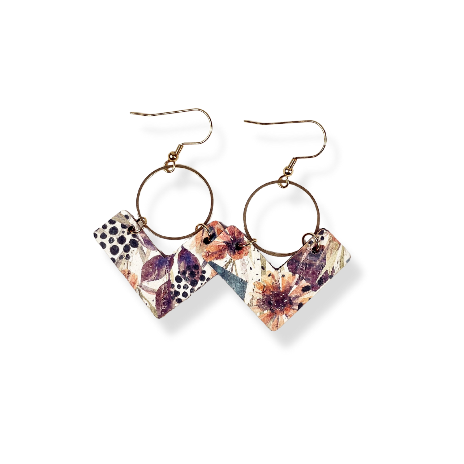 Wren Cork and Gold Accent Dangly Earrings-Autumn Floral