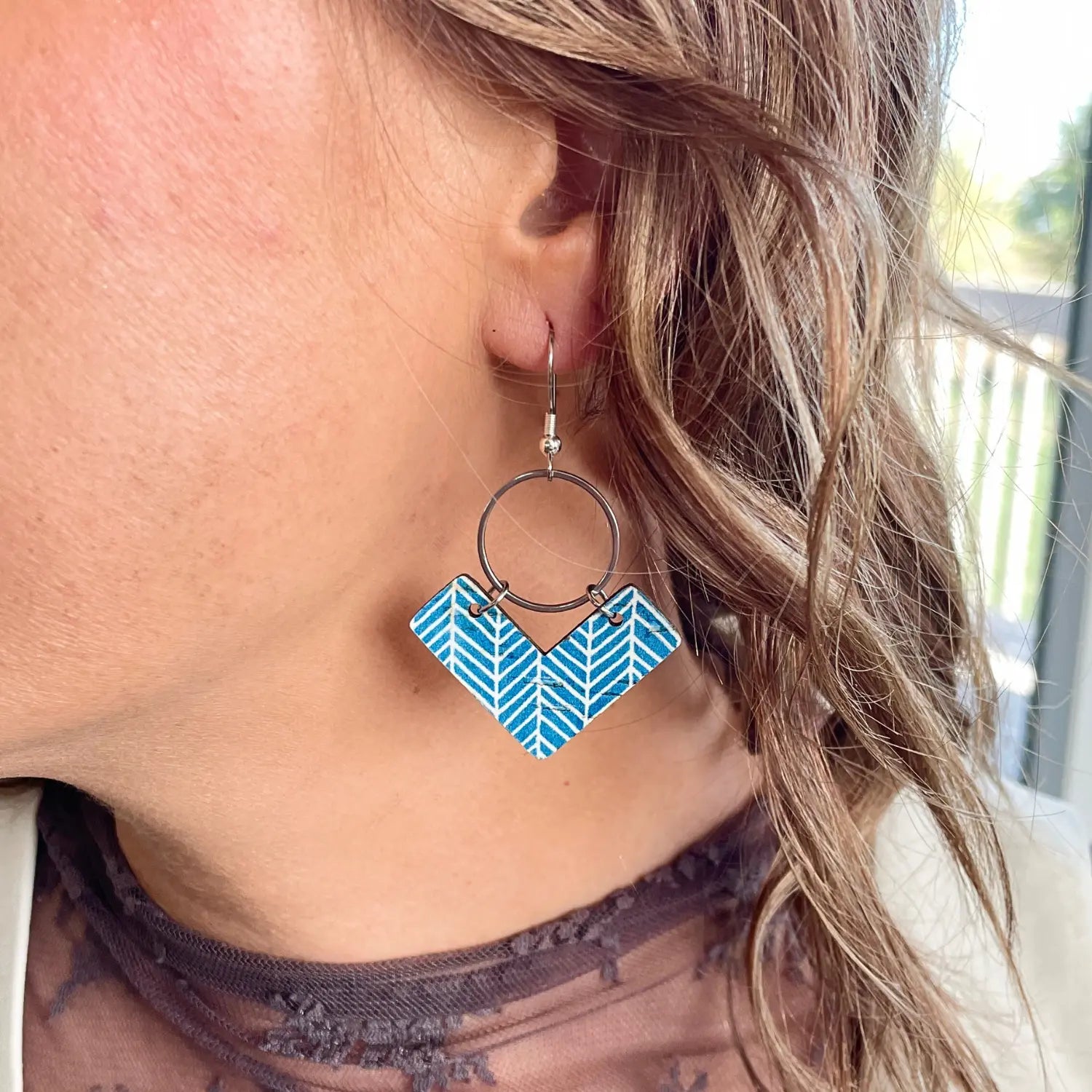 Wren Cork and Gold Accent Dangly Earrings-Blue Chevron Creek + Elm