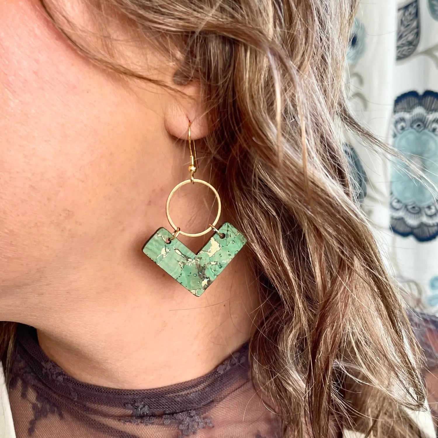 Wren Cork and Gold Accent Dangly Earrings-Gold Fleck Green Creek + Elm