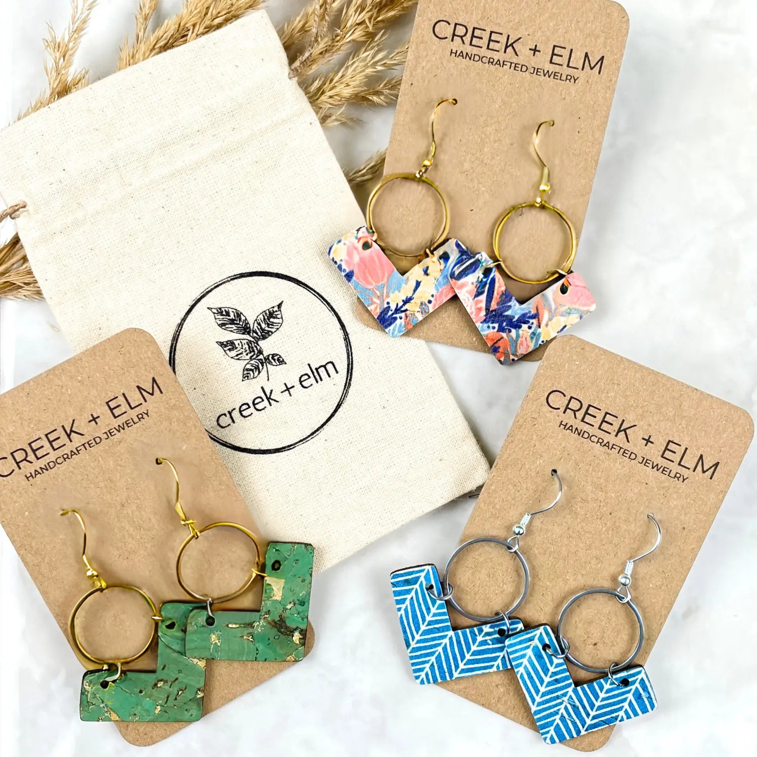 Wren Cork and Gold Accent Dangly Earrings-Gold Fleck Green Creek + Elm