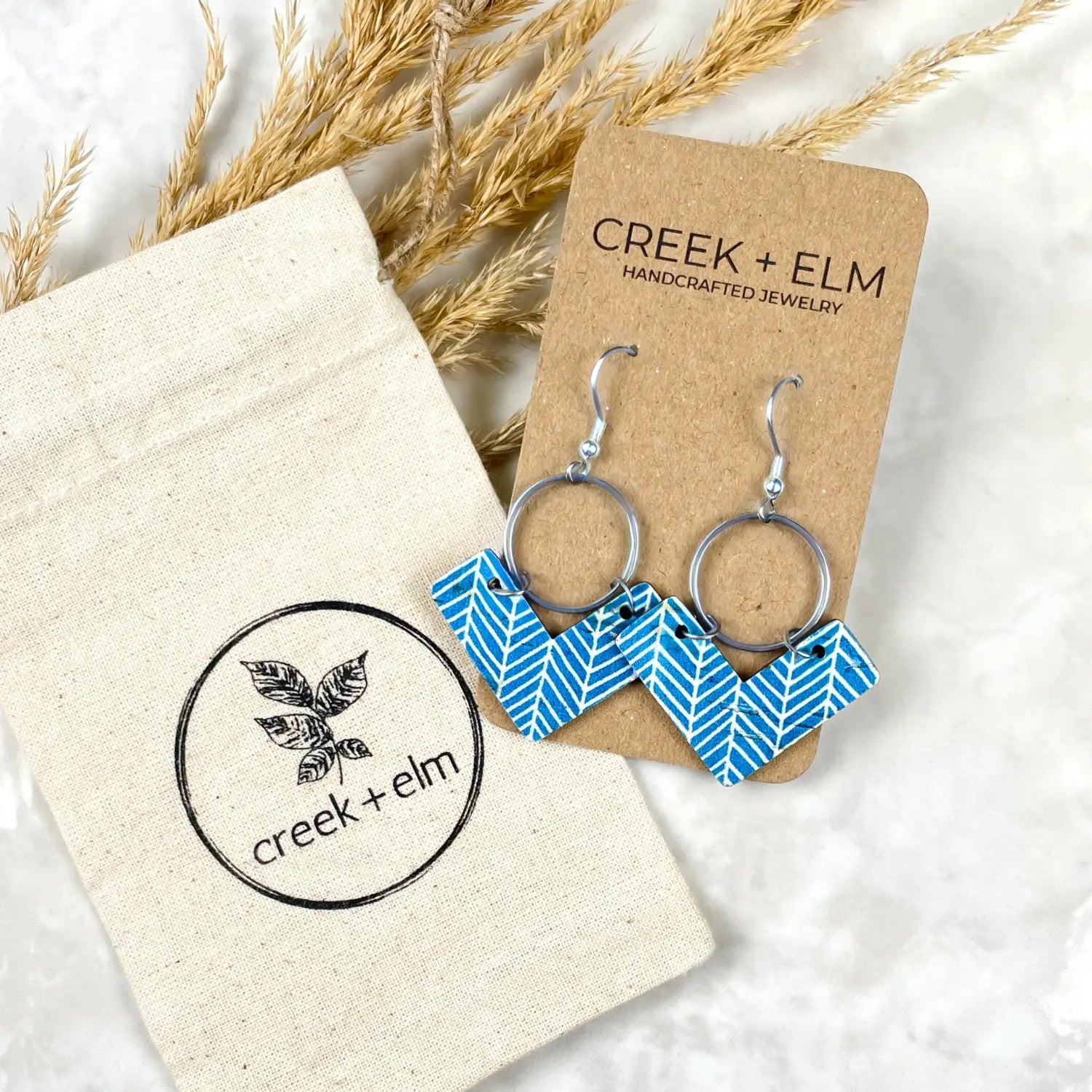 Wren Cork and Gold Accent Dangly Earrings-Blue Chevron Creek + Elm