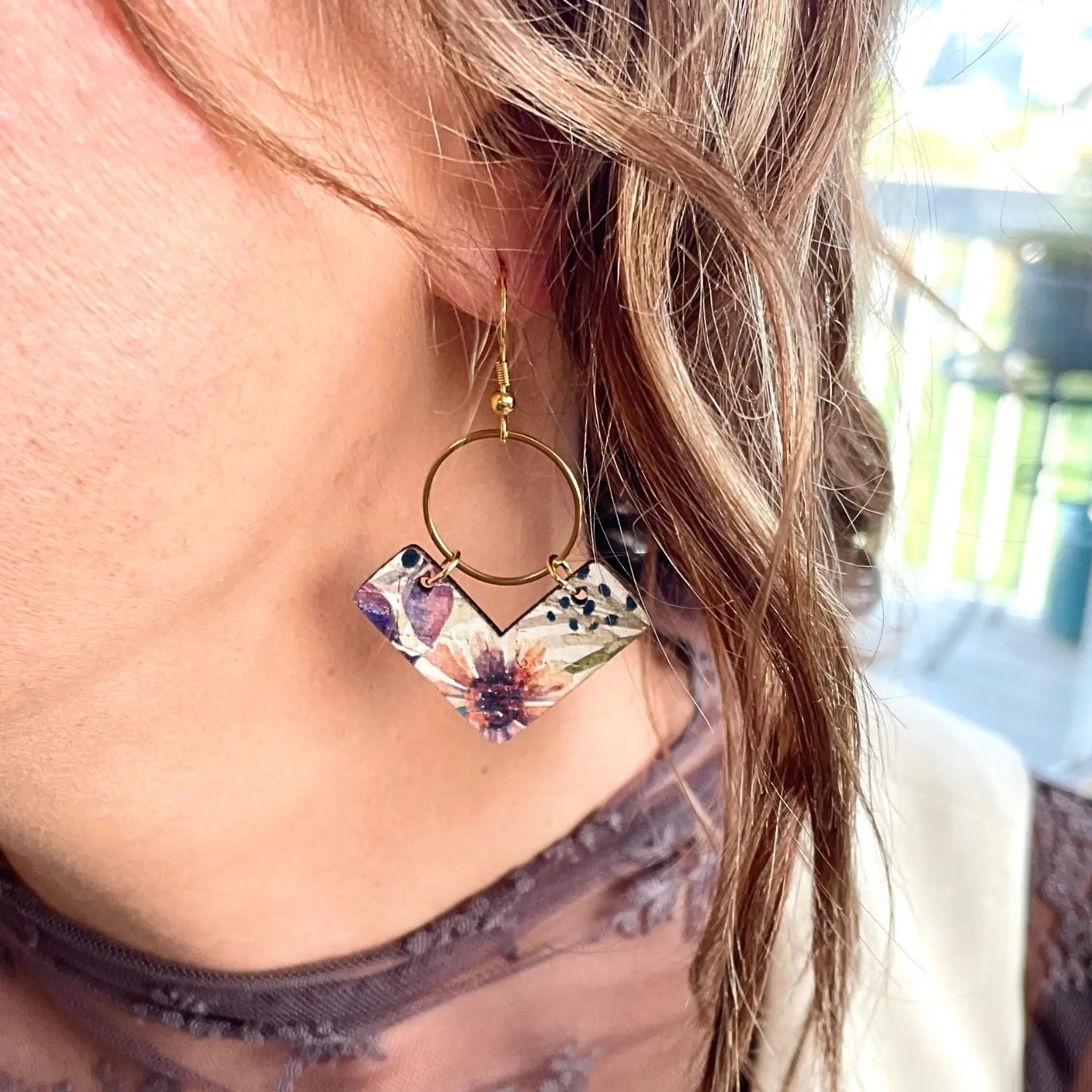 Wren Cork and Gold Accent Dangly Earrings-Autumn Floral Creek + Elm