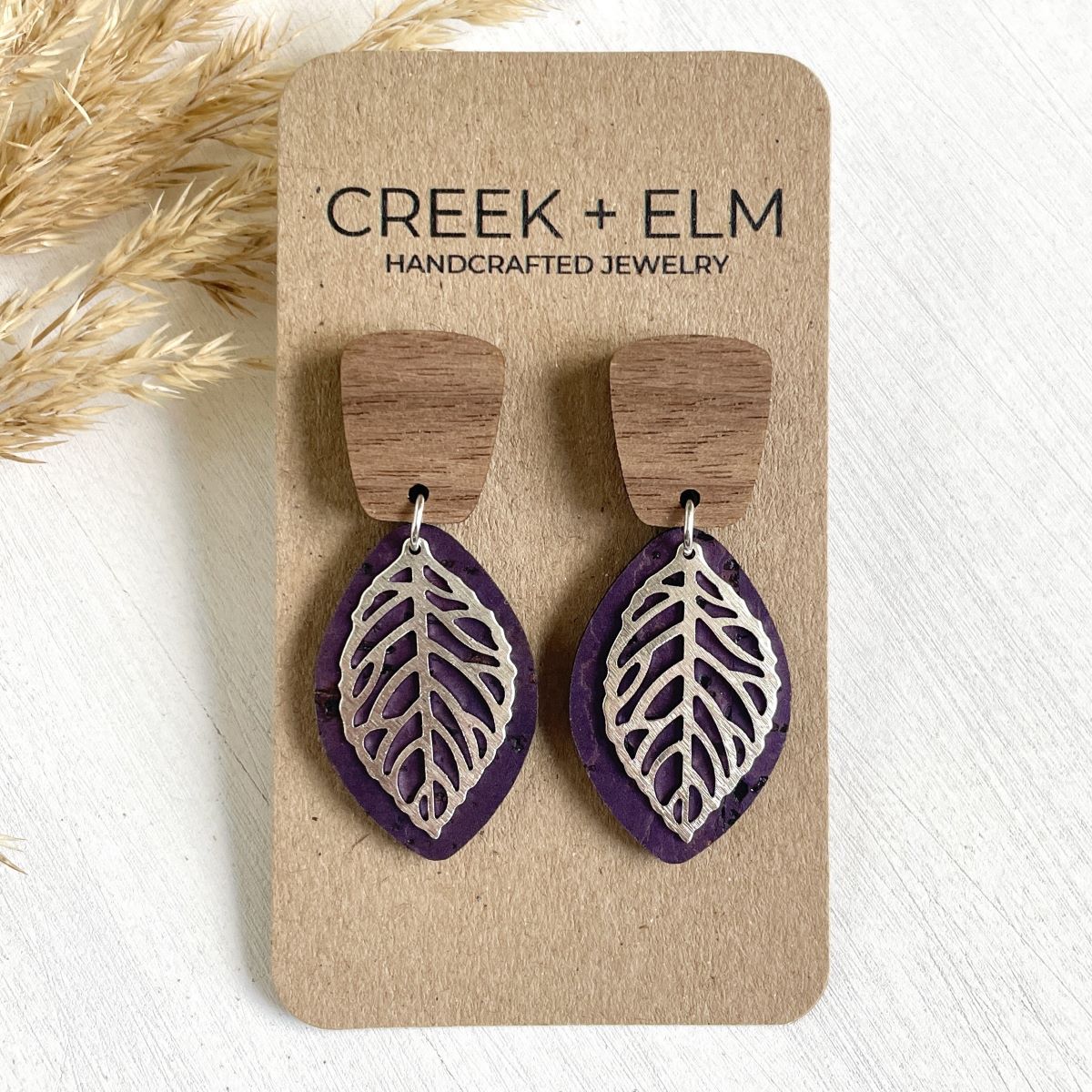 Aspen Walnut Wood + Cork Earrings- Eggplant