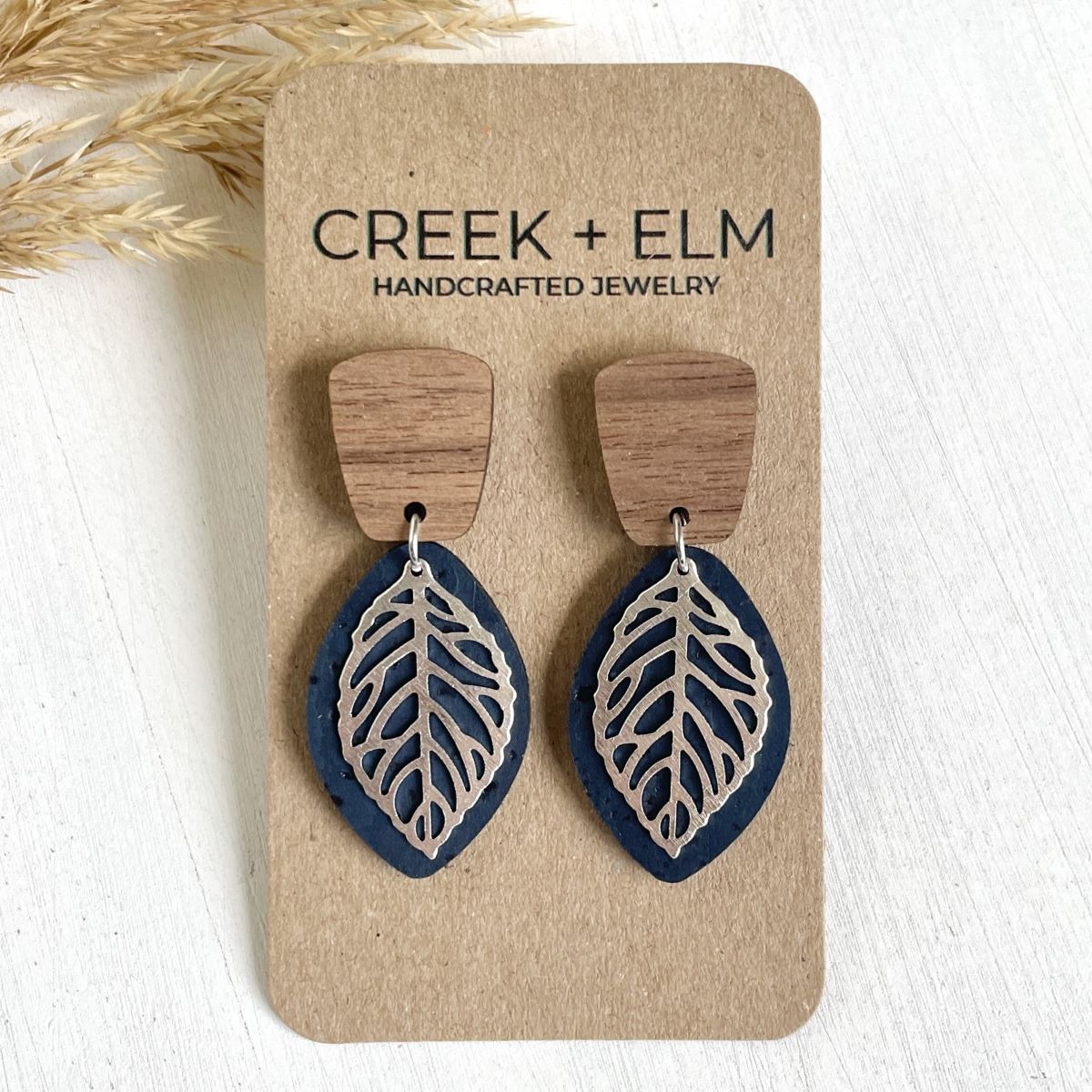 Aspen Walnut Wood + Cork Earrings- Navy