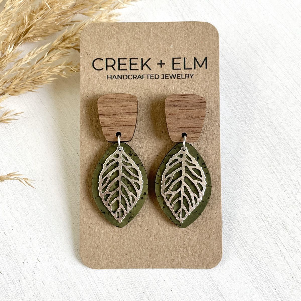 Aspen Walnut Wood + Cork Earrings- Olive