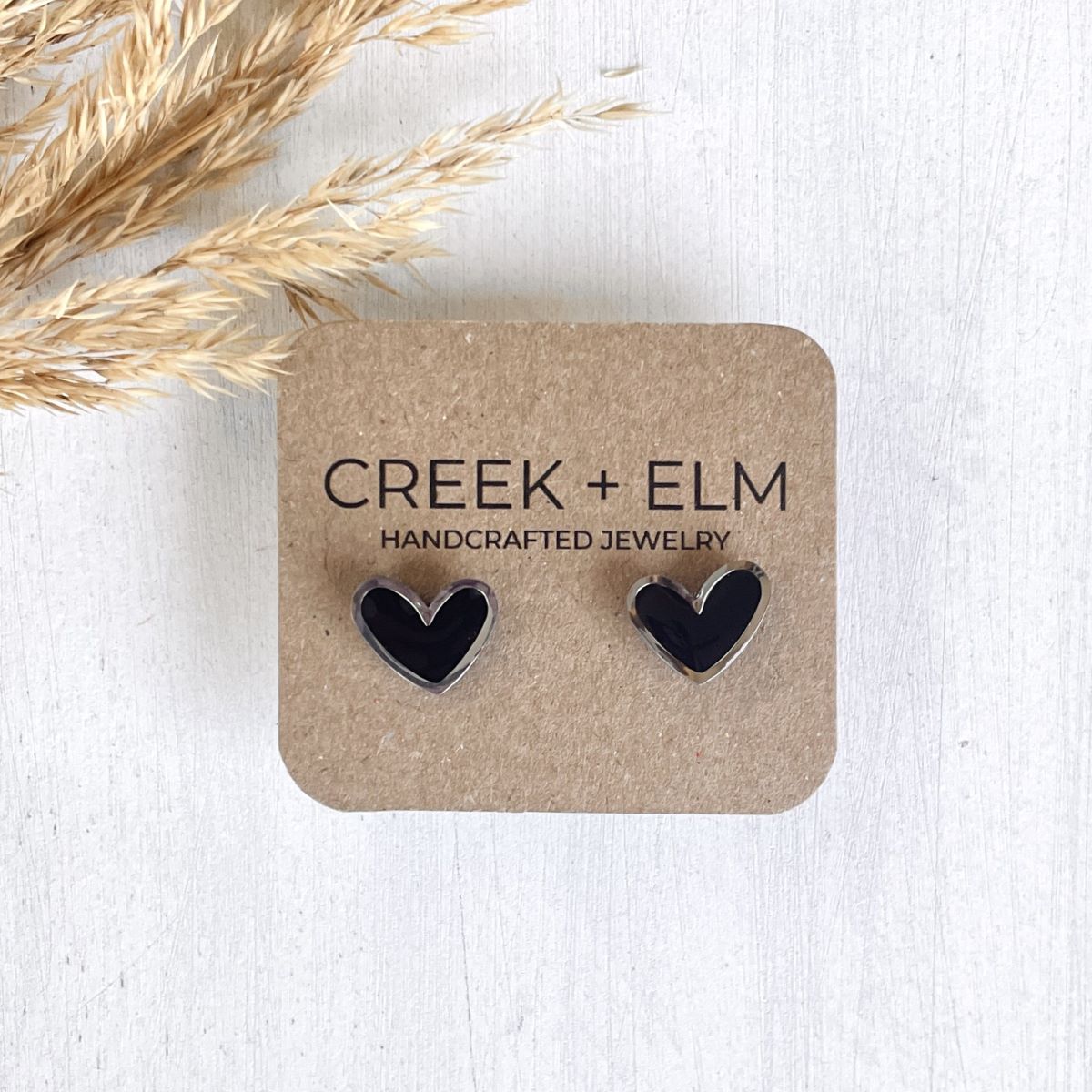 Polymer Clay Heart Stud Earrings with Gold or Silver Accent- Elegant Black