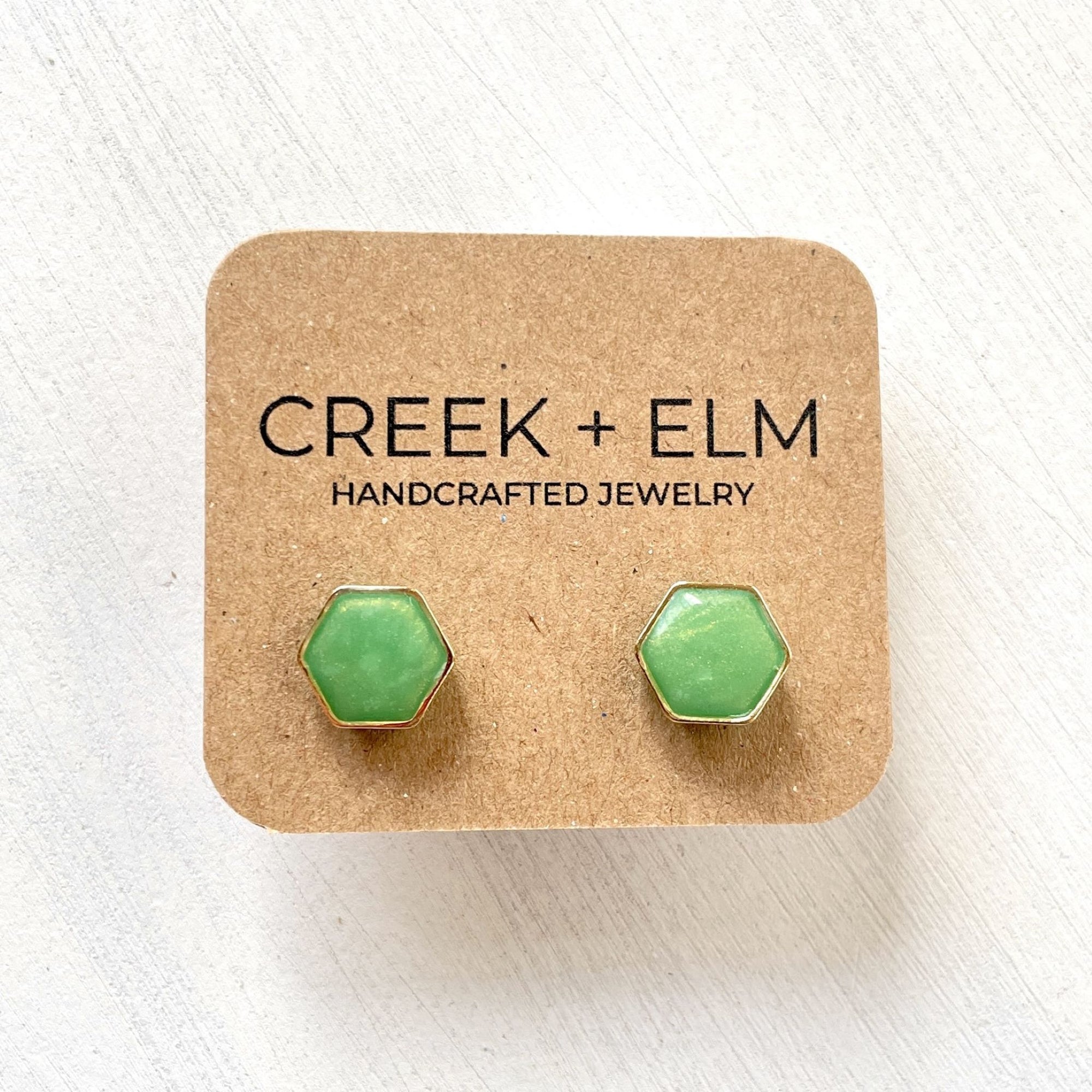 clay hexagon studs green onyx close up