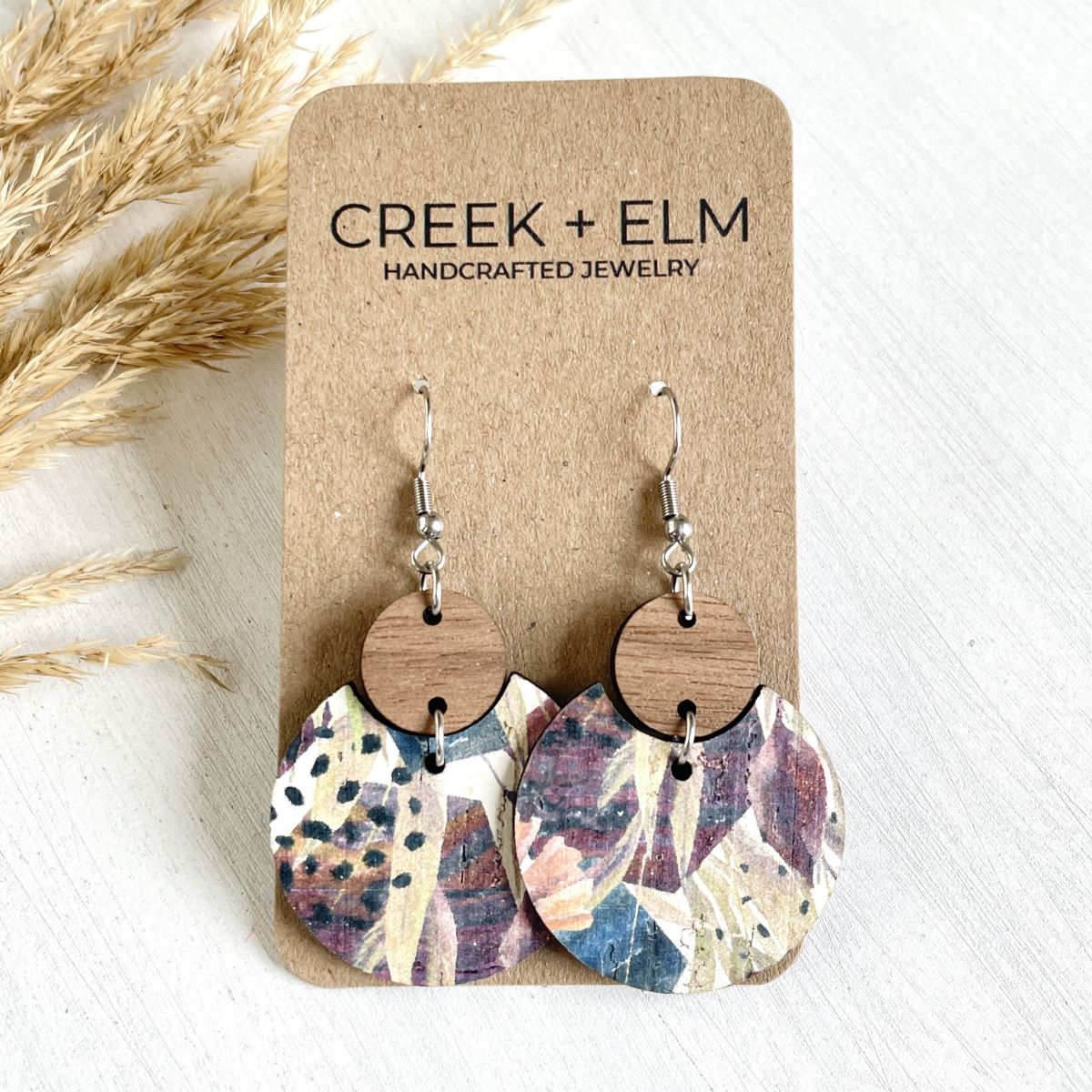 Cora Walnut Wood + Cork Earrings- Autumn Floral