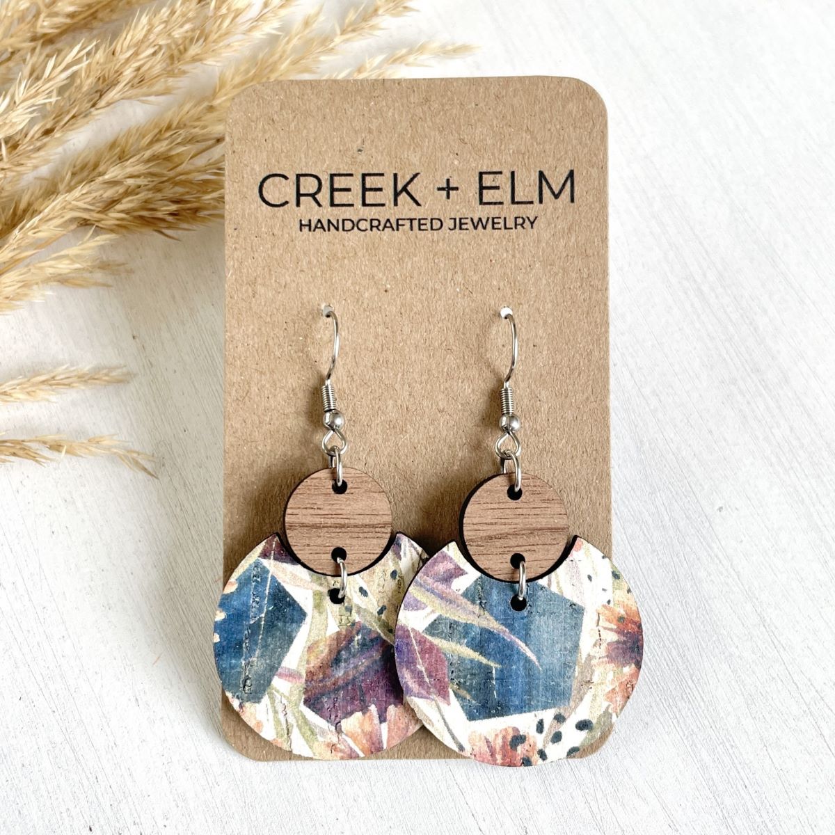Cora Walnut Wood + Cork Earrings- Autumn Floral