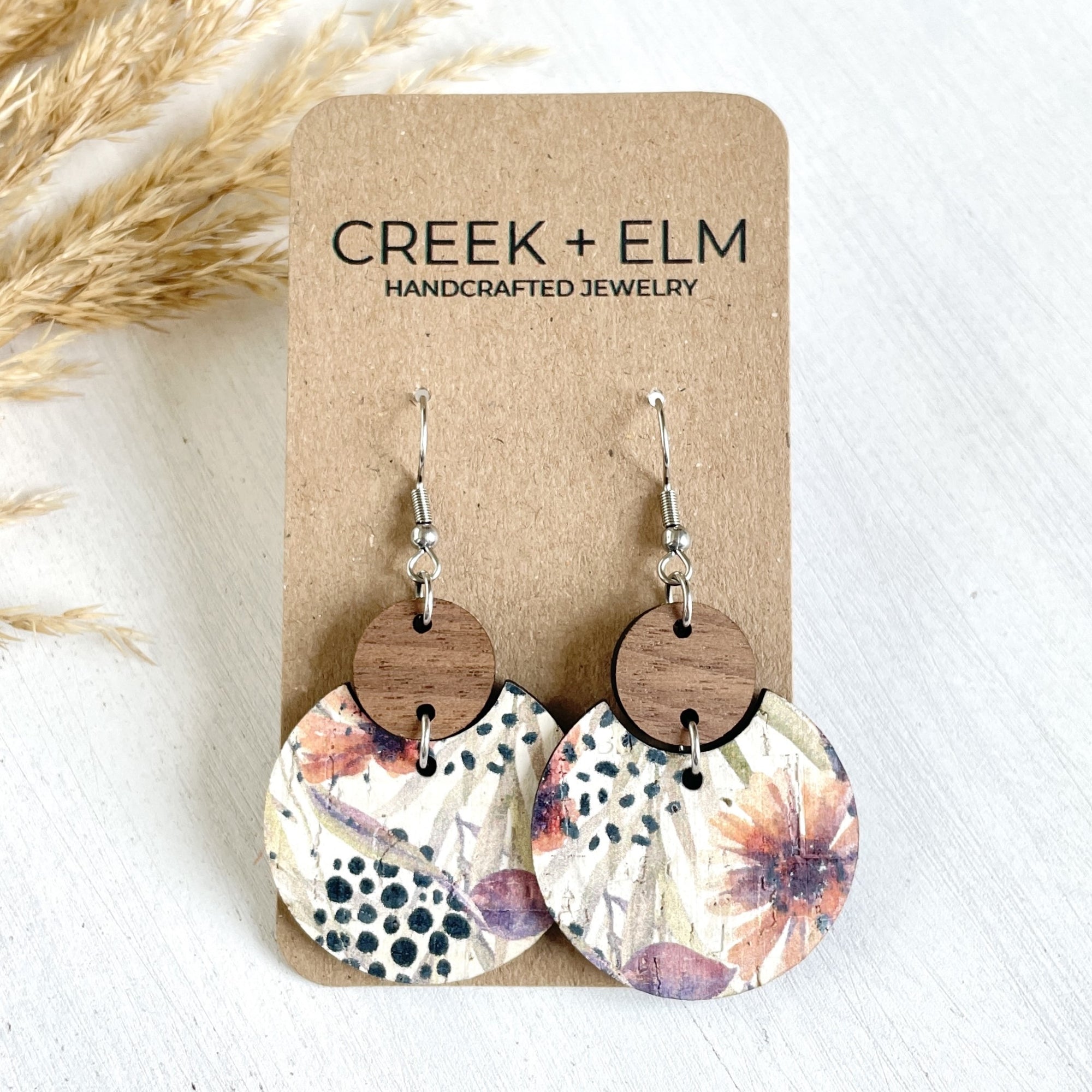 Cora Walnut Wood + Cork Earrings- Autumn Floral