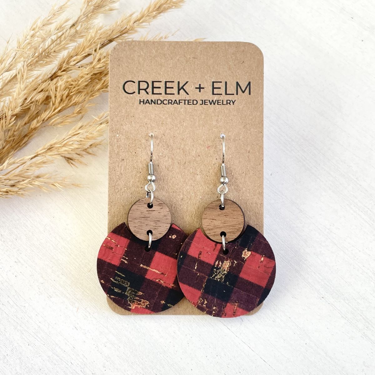 Cora Walnut Wood + Cork Earrings- Gold Flecked Buffalo Plaid