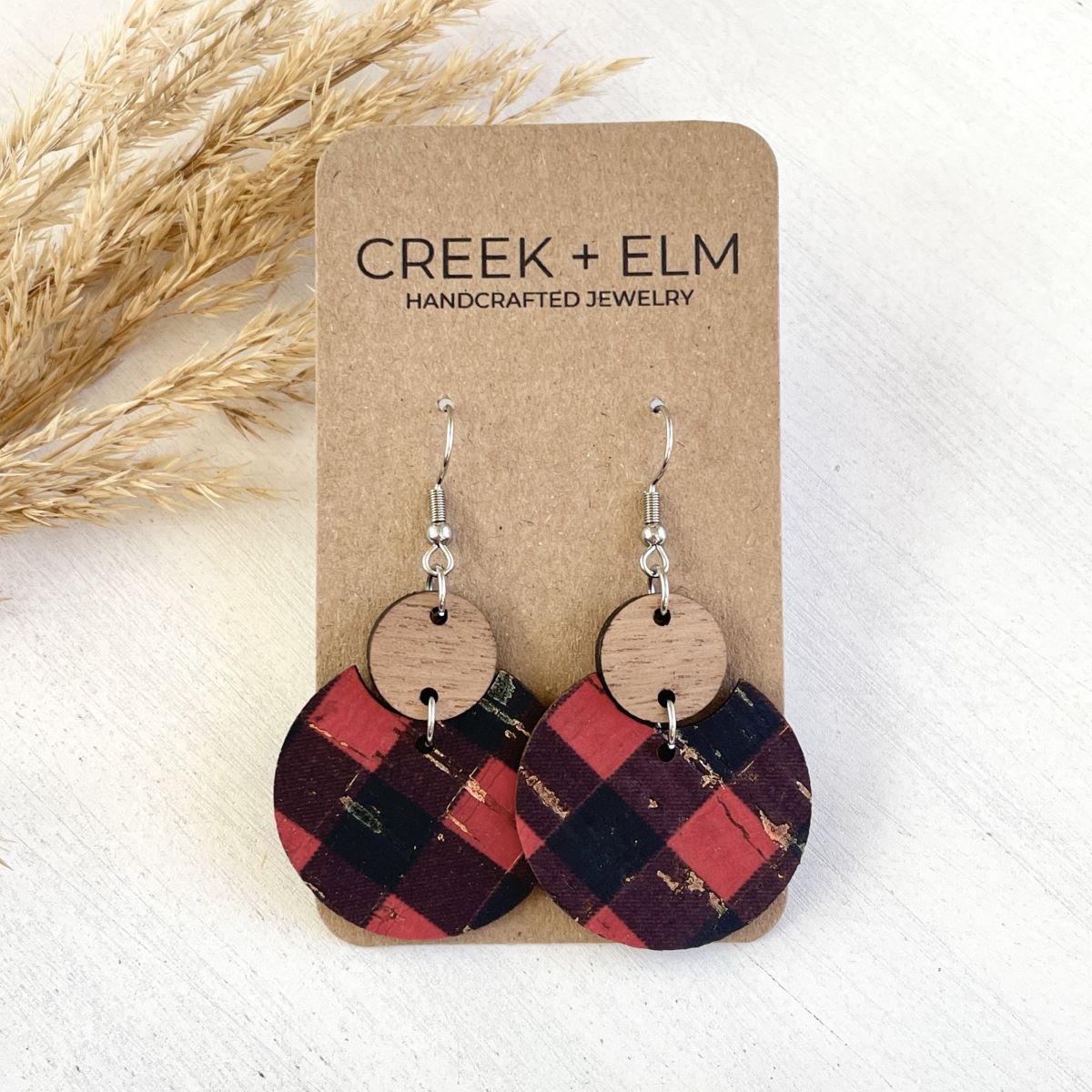 Cora Walnut Wood + Cork Earrings- Gold Flecked Buffalo Plaid