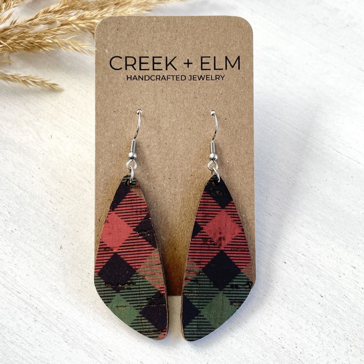 Eliza Cork Teardrop Earrings- Buffalo Plaid